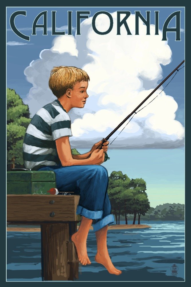 California Boy Fishing Art Print - 36x54 Giclee Gallery Quality Travel Poster for Wall Decor | Perfect for Beach House, Cabin & Coastal Themed Rooms