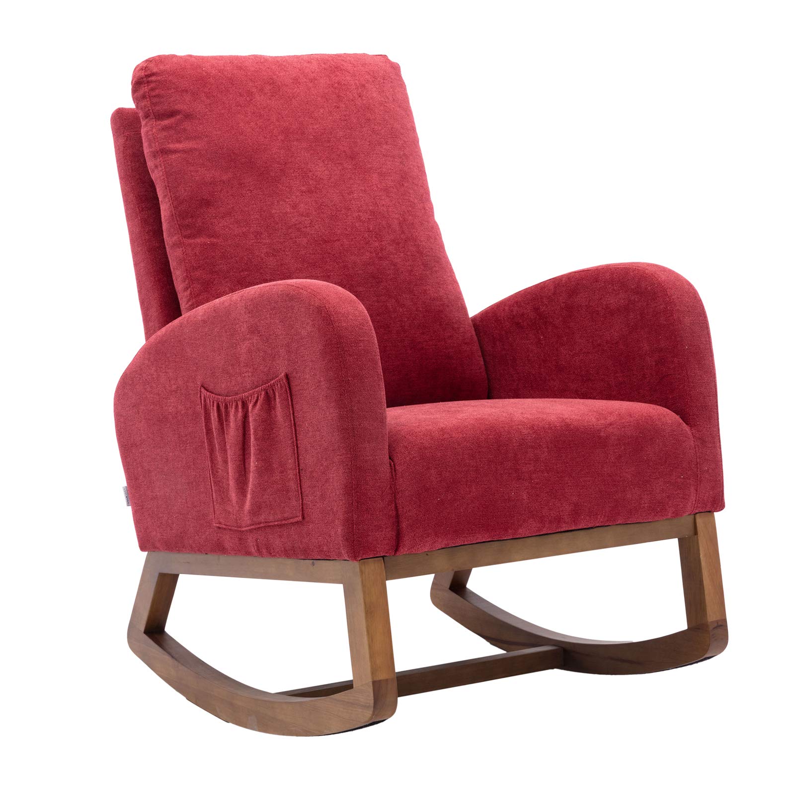 Mid Century Modern Upholstered Rocking Chair with Wooden Padded Seat & 2-Side Pockets - Fabric Accent Armchair for Nursery, Living Room & Indoor Use (Red) | Perfect for Breastfeeding, Reading Nook & Relaxation