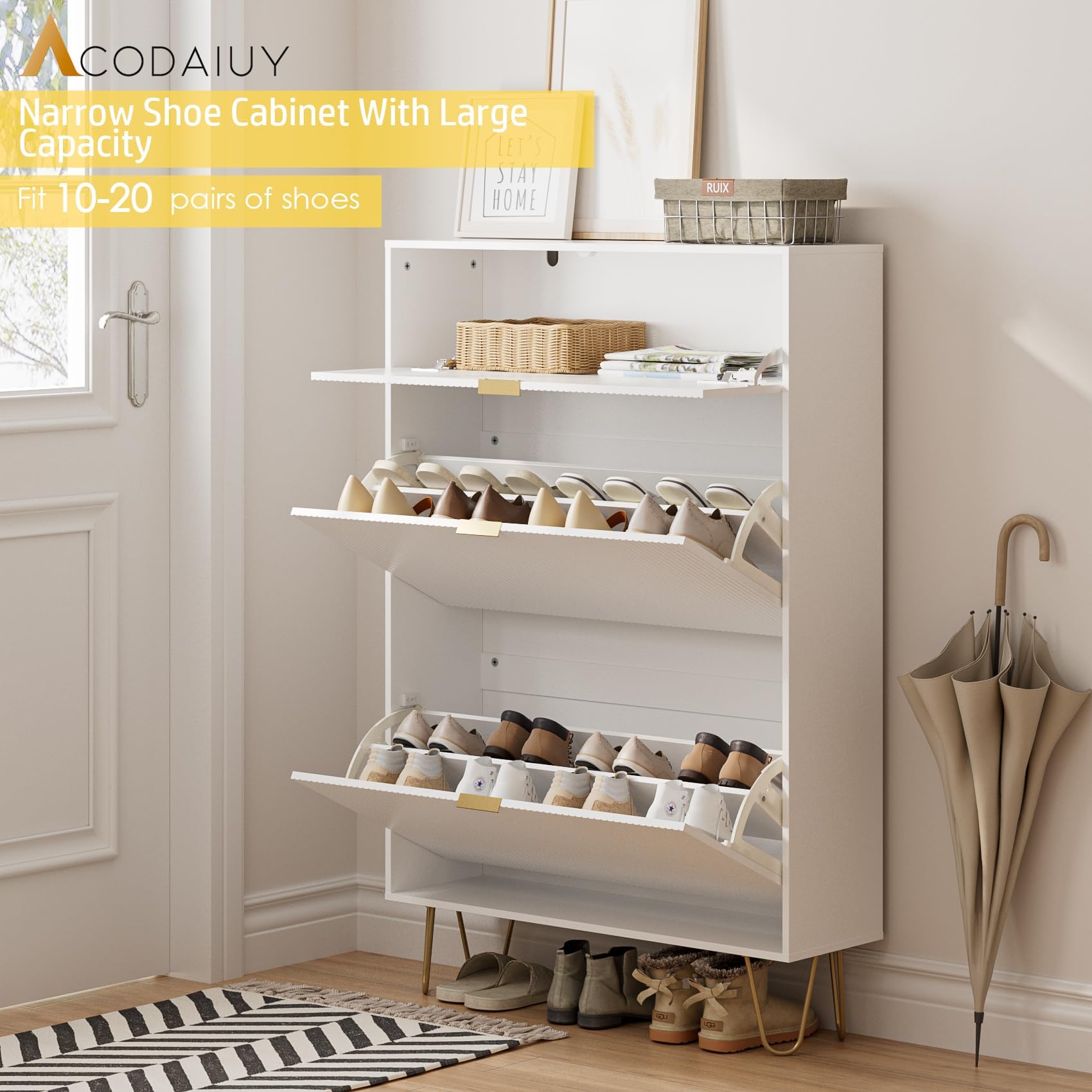 White Vertical Shoe Storage Cabinet with 2 Flip Drawers - Freestanding Narrow Shoe Rack Organizer for Entryway, Hallway & Closet - Space Saving Shoe Cabinet for Home Organization