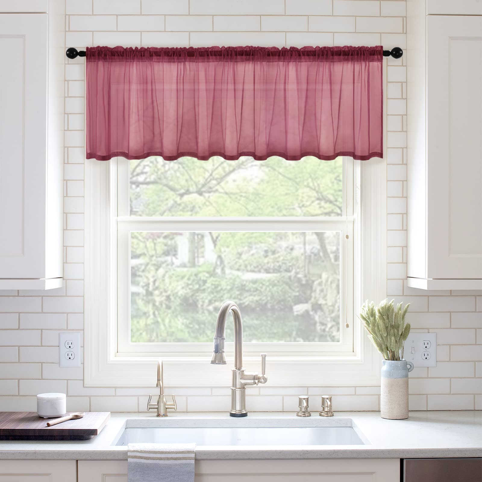 MIULEE Christmas Window Valance - Semi-Sheer Voile Kitchen Curtain with Rod Pocket, 60x18 Inch Extra Wide Panel in Maroon Red - Perfect for Small Windows, Cafe Decor & Holiday Home Styling