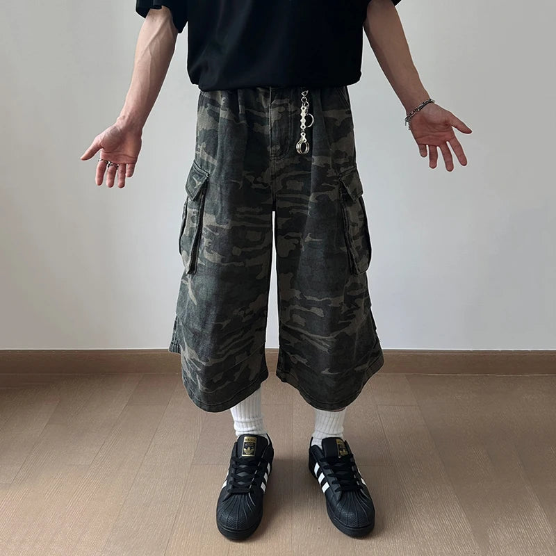 Men's American Style Denim Shorts with Large Pockets - Camouflage Workwear Trousers, Straight Leg Casual Jeans for Men (9C6708) | Perfect for Outdoor Work, Hiking & Summer Streetwear