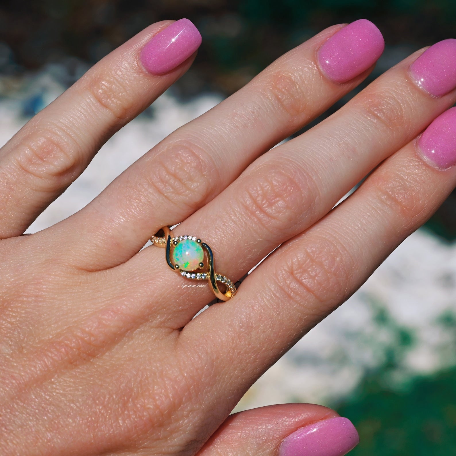 14K Solid Yellow Gold Entwined Natural Australian Opal Ring - Elegant Jewelry for Women, Perfect Gift for Anniversary, Birthday & Special Occasions