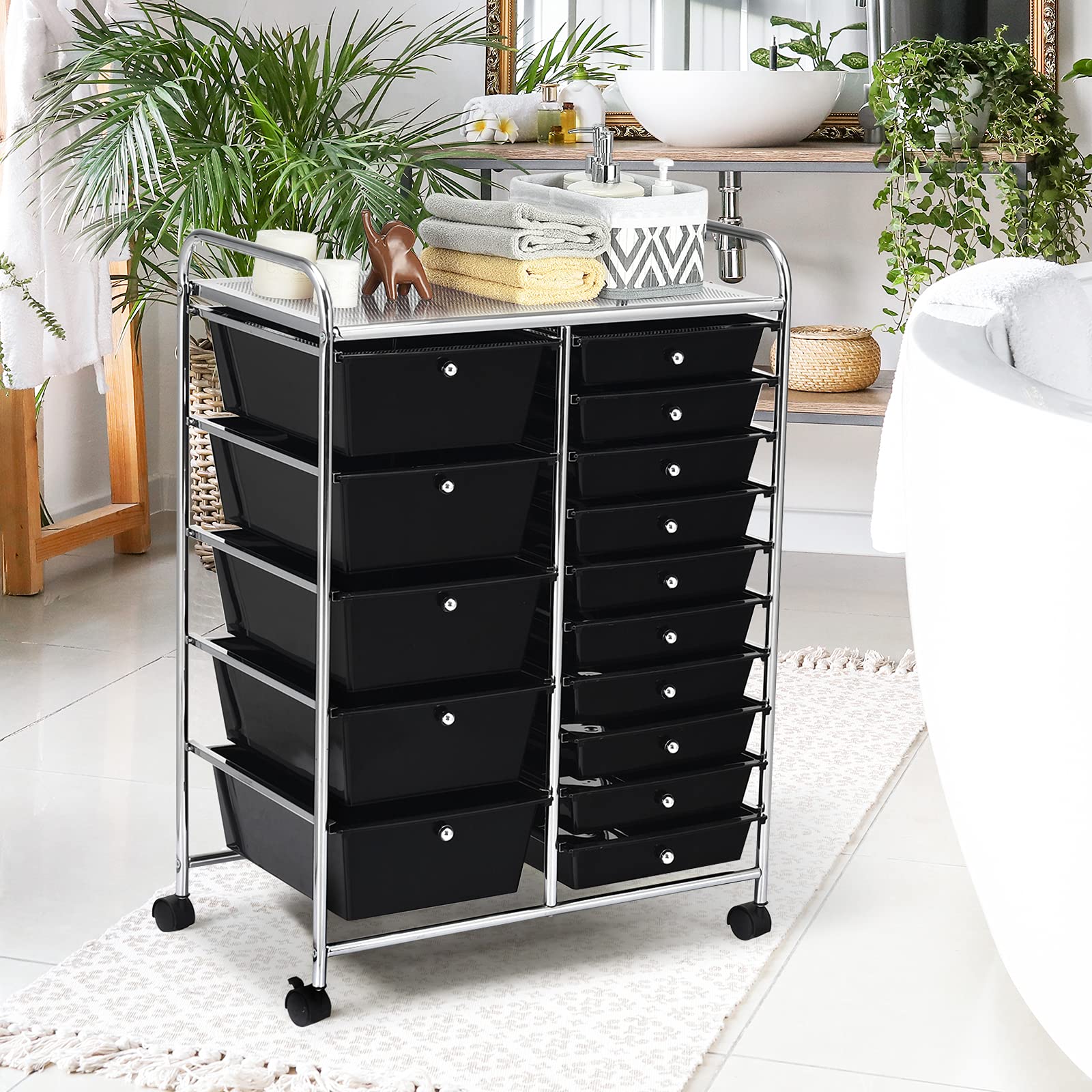 BETTARY 15 Drawer Rolling Cart with Removable Drawers & 4 Universal Wheels - Multipurpose Lightweight Tool Organizer for Scrapbook Paper, Office Supplies, Crafts - Perfect for Supermarket, School, Office & Home Organization (Black) | Space-Saving Storage Solution for Small Rooms & Workstations
