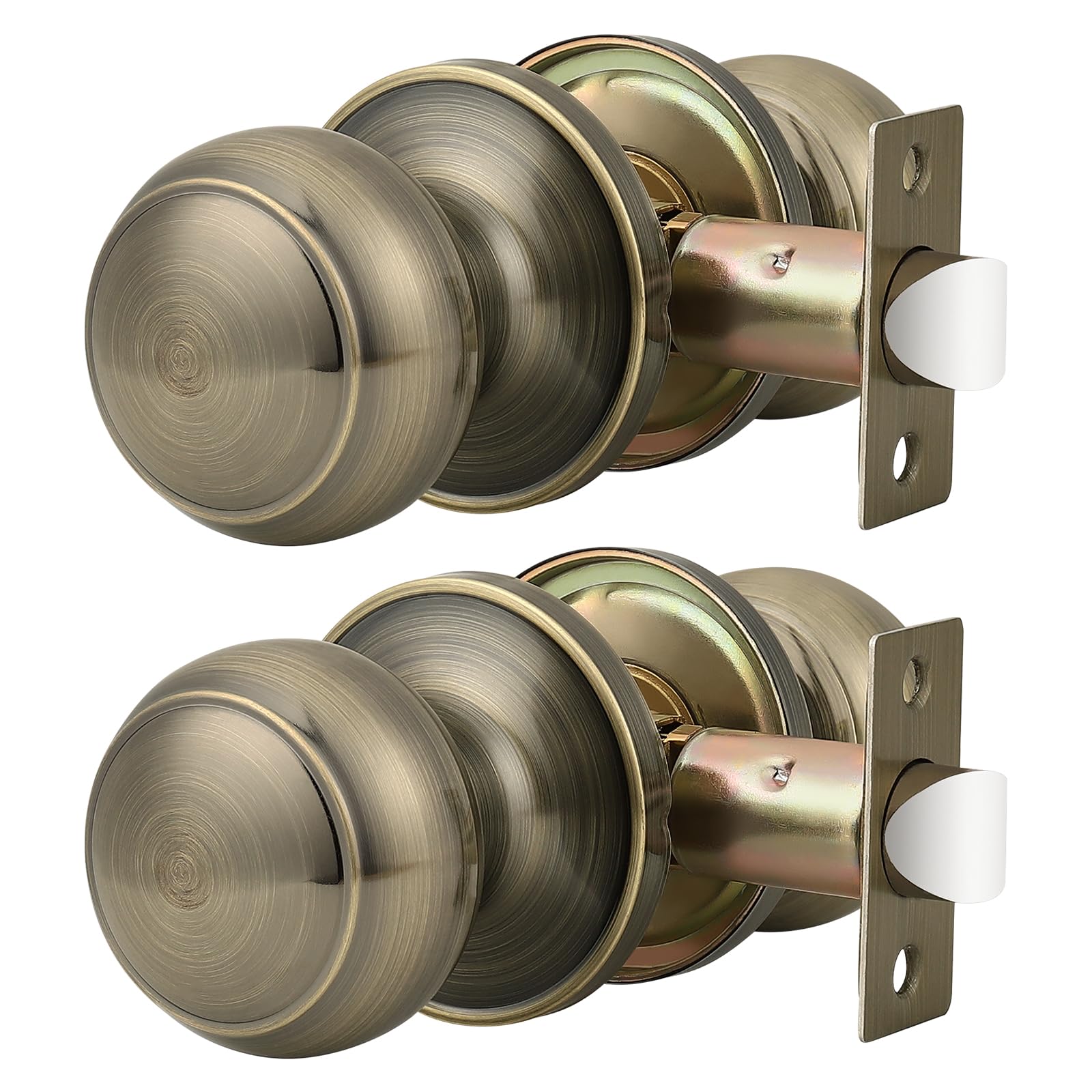 Antique Brass Door Knobs 2-Pack - Keyless Passage Locks for Closet & Hallway