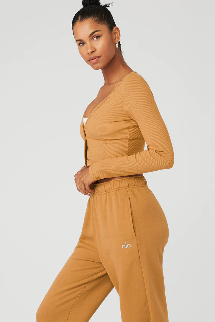 Alo Yoga Women's Whisper Ribbed Cropped Cardigan Sweater - Soft Stretch Knit Toffee Brown Cardigan for Yoga, Lounge & Casual Wear