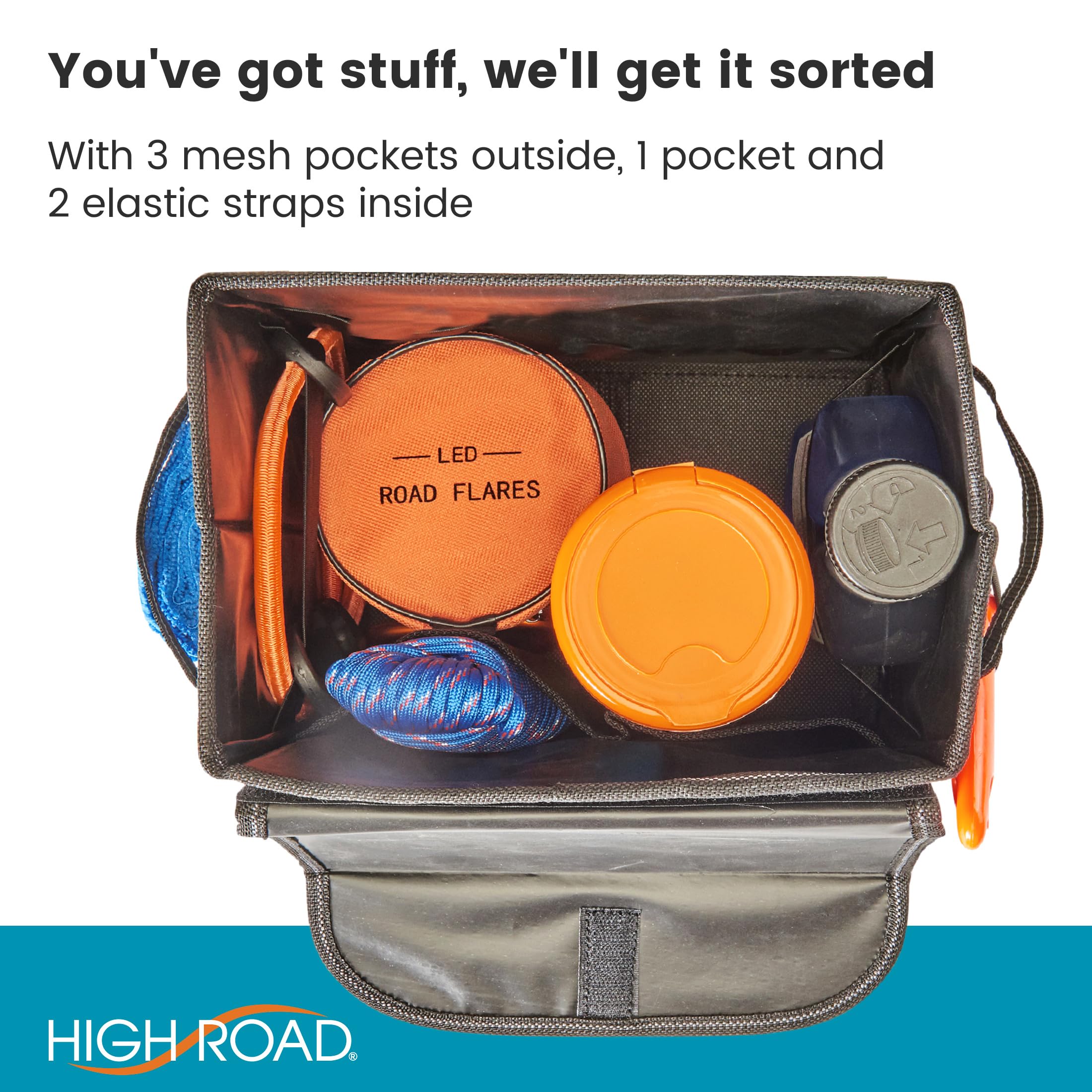 High Road Car Organizer with Lid - Multipurpose Car Storage Box for Front or Back Seat, Auto Console & Trunk - Universal Fit All Vehicles | Perfect for Road Trips, Grocery Storage & Kids' Toy Organization