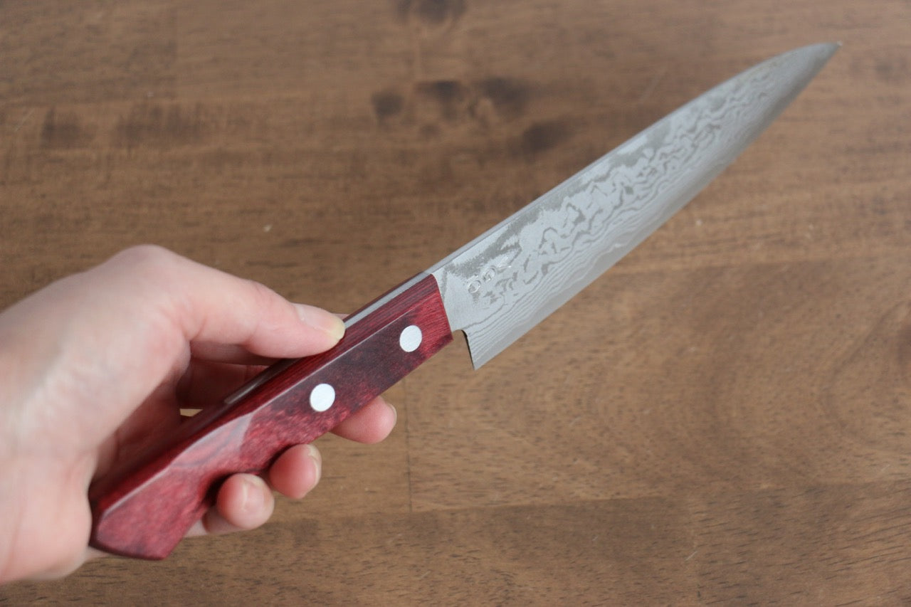 VG10 Damascus Petty Utility Knife 150mm - Japanese Kitchen Knife with Red Pakka Wood Handle - Perfect for Slicing, Peeling & Precision Cutting Fruits, Vegetables & Meat