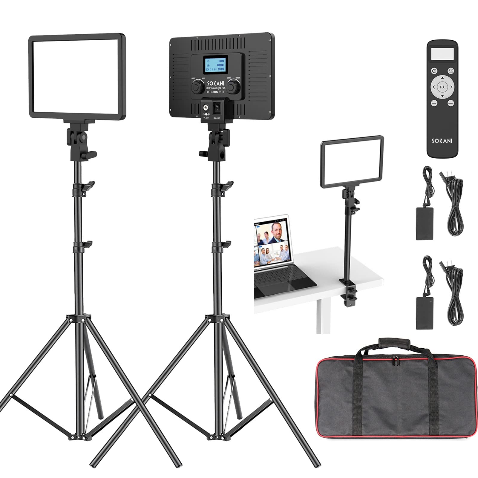 2-Pack P25 LED Video Light Panel - Bi-Color 2800K-8000K, 25W CRI95+ with 8 Lighting Effects | Includes 1.8m Adjustable Stand & Metal Desk Mount | Perfect for YouTube Live Streaming, Gaming, Photography, Zoom Meetings & Content Creation