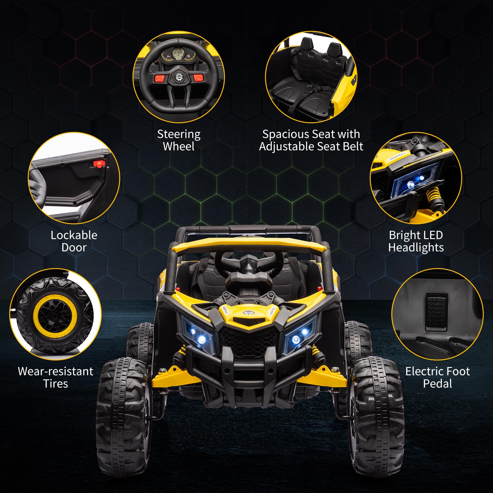 GARVEE 24V Kids Electric Ride On UTV Car with Remote Control - 200W Motor, Spring Suspension, LED Lights & Music - Yellow Off-Road Toy for Boys & Girls Ages 3-8 - Perfect for Backyard, Park & Indoor Play