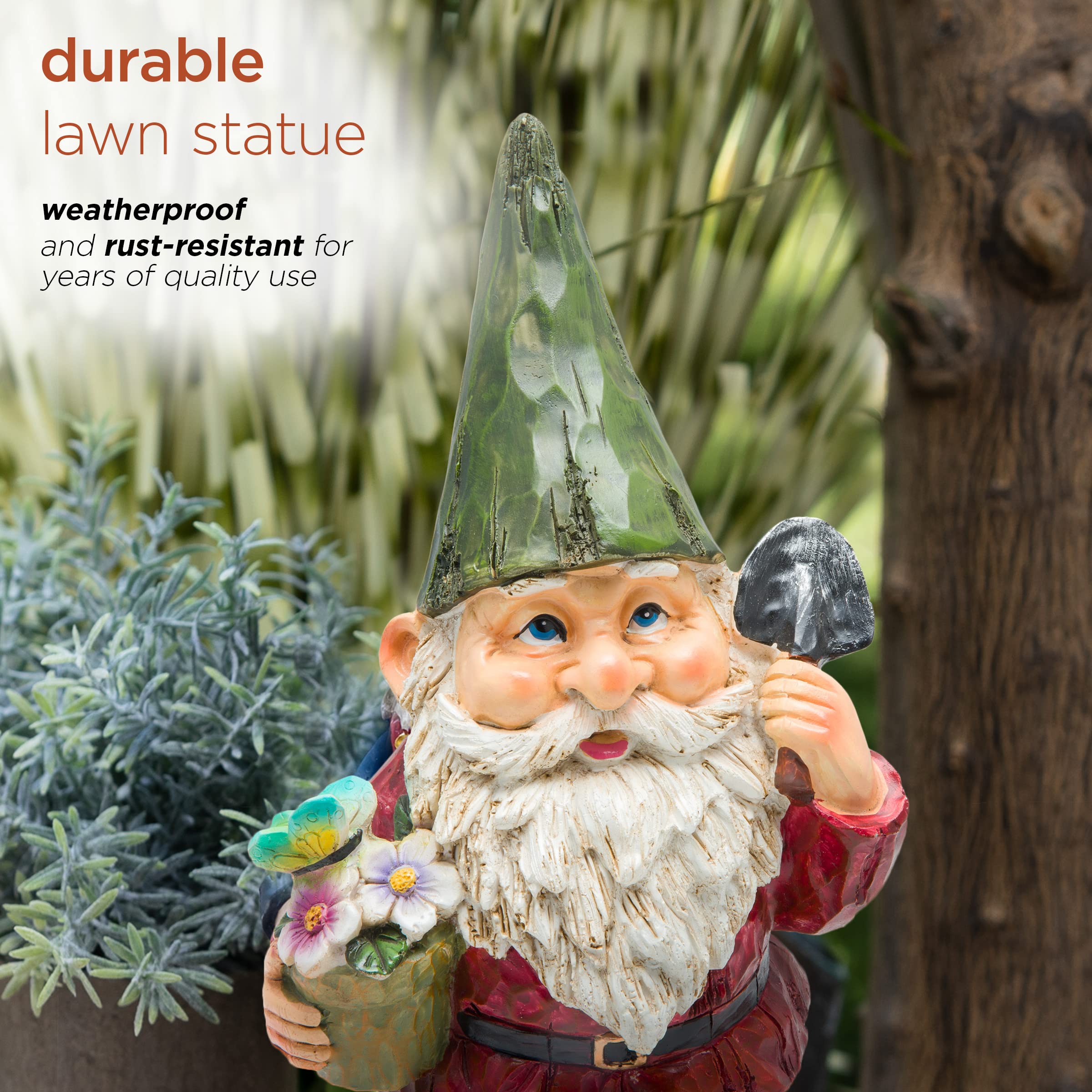 Alpine Corporation 12 Inch Tall Outdoor Garden Gnome Statue with Flower Pot - Cute Yard Decoration for Lawn, Patio & Garden Decor