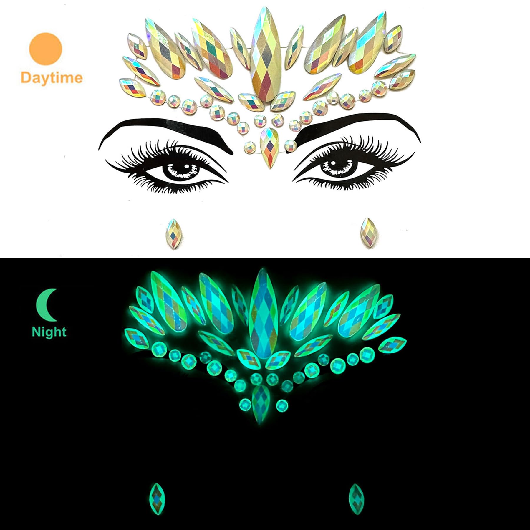 Face Gems 4 Sheet - Self-Adhesive Rhinestone Stickers for Women | Luminous Crystal Face Jewels for Carnival, Music Festival & Rave Parties | Temporary Tattoo & Party Accessories (Glow in Dark) - Perfect for Halloween, Cosplay & Night Events