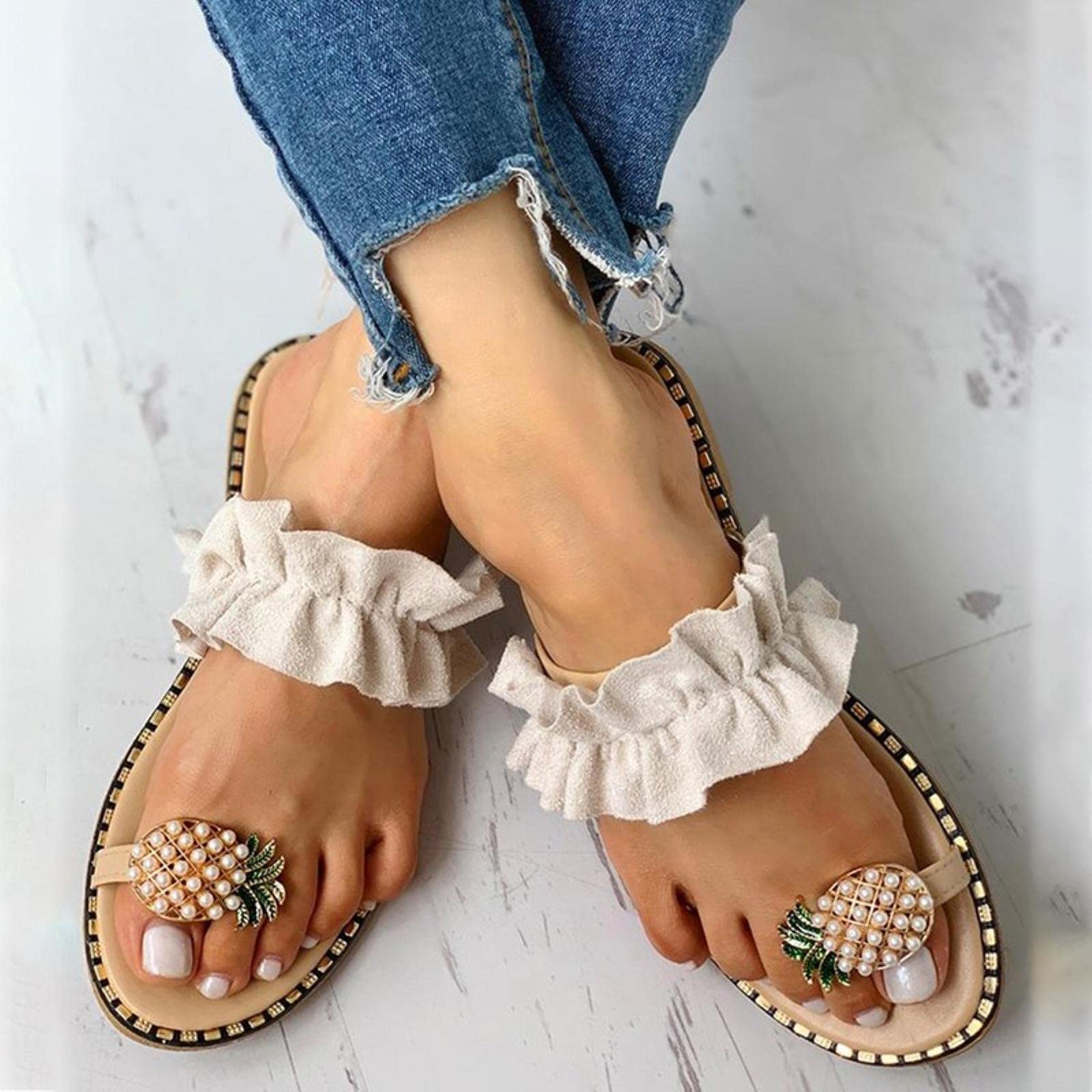 Women's Pineapple Pearl Bohemian Casual Beach Sandals - White Platform Flat Toe Slippers | Perfect for Summer Vacations, Pool Parties & Boho Fashion Outfits