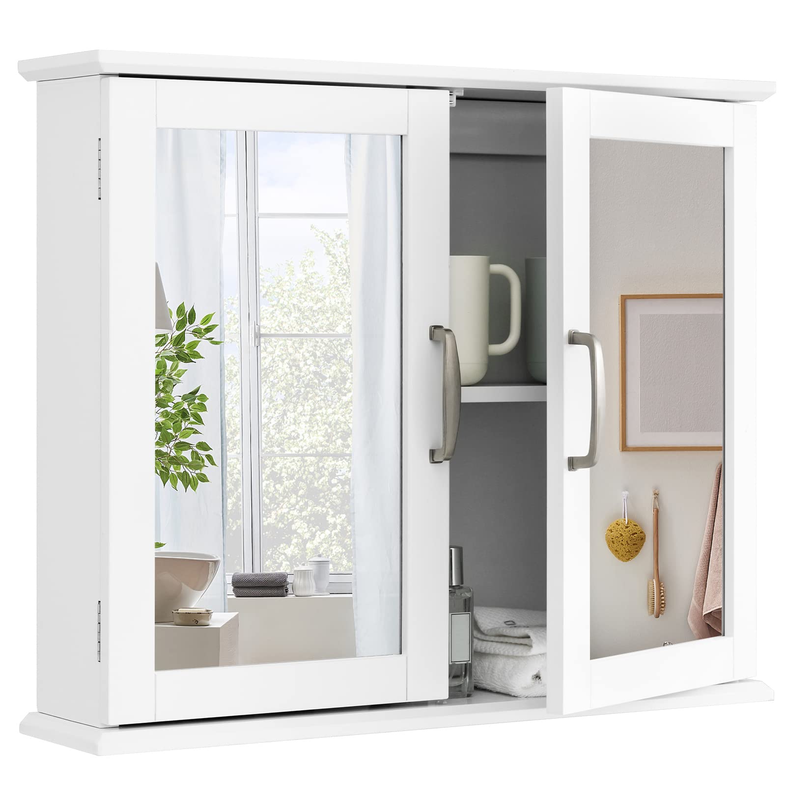Tangkula White Wall Mounted Medicine Cabinet with Mirror - 23.5 x 5.5 x 19.5 Inch Bathroom Storage Cabinet with Double Mirror Doors - Perfect for Small Bathrooms, Vanity Areas & Apartment Bathroom Organization