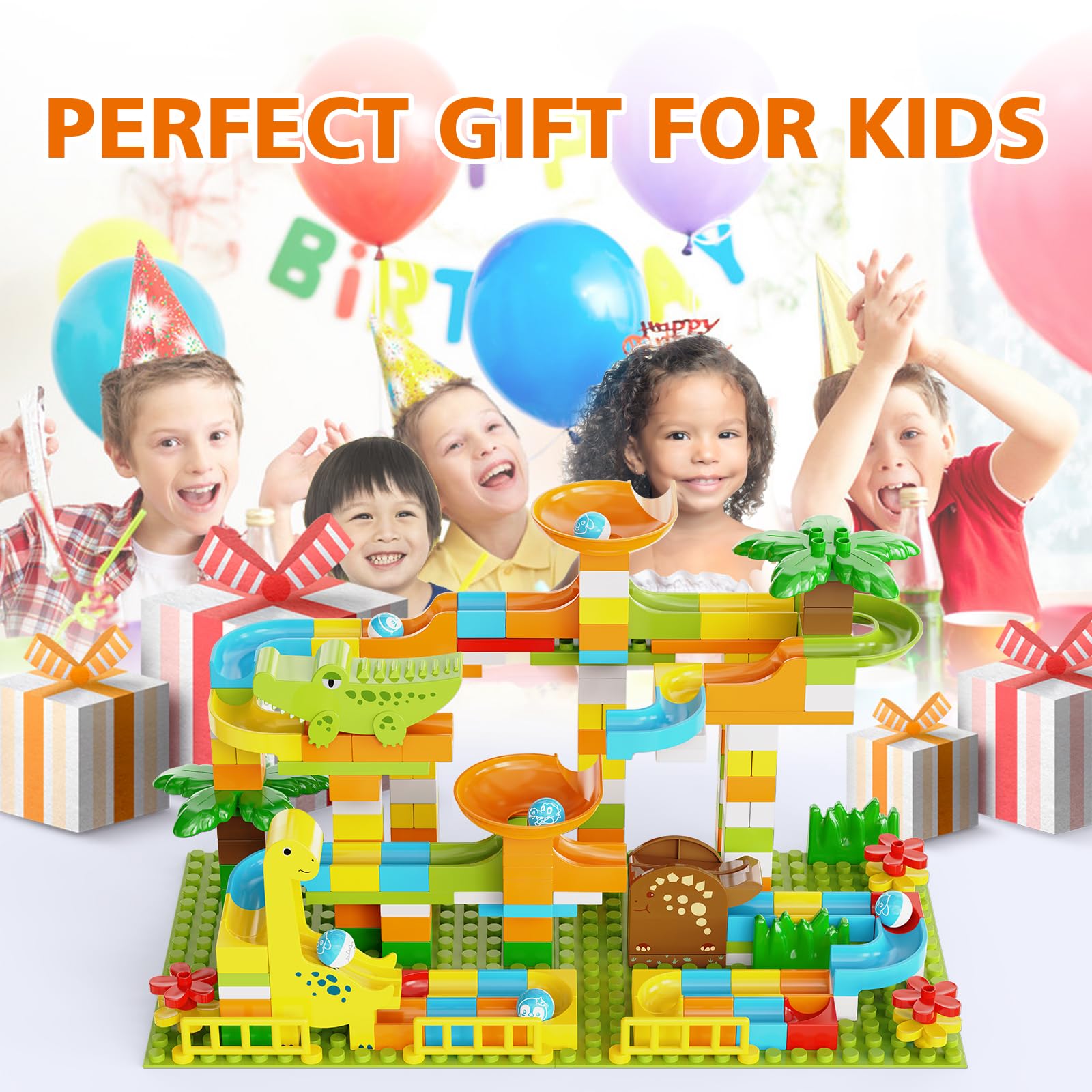 JIXIn 187Pcs Dinosaur Marble Run Building Blocks - STEM Educational Toys for Kids Ages 3-8, Compatible with Lego DUPLO - Montessori Learning Toys for Toddlers 2-5 Years | Fun Indoor Play for Birthday Gifts & Preschool Activities