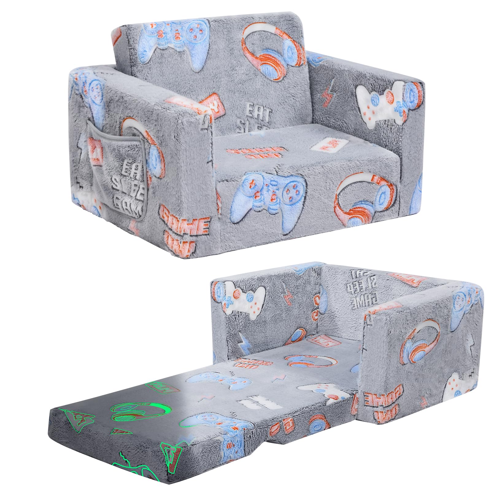 Convertible Toddler Couch & Chair - 2-in-1 Foldable Kids Sofa Bed with Glow in The Dark Feature | Perfect for Playroom, Nursery or Bedtime Reading | Gift for Boys & Girls