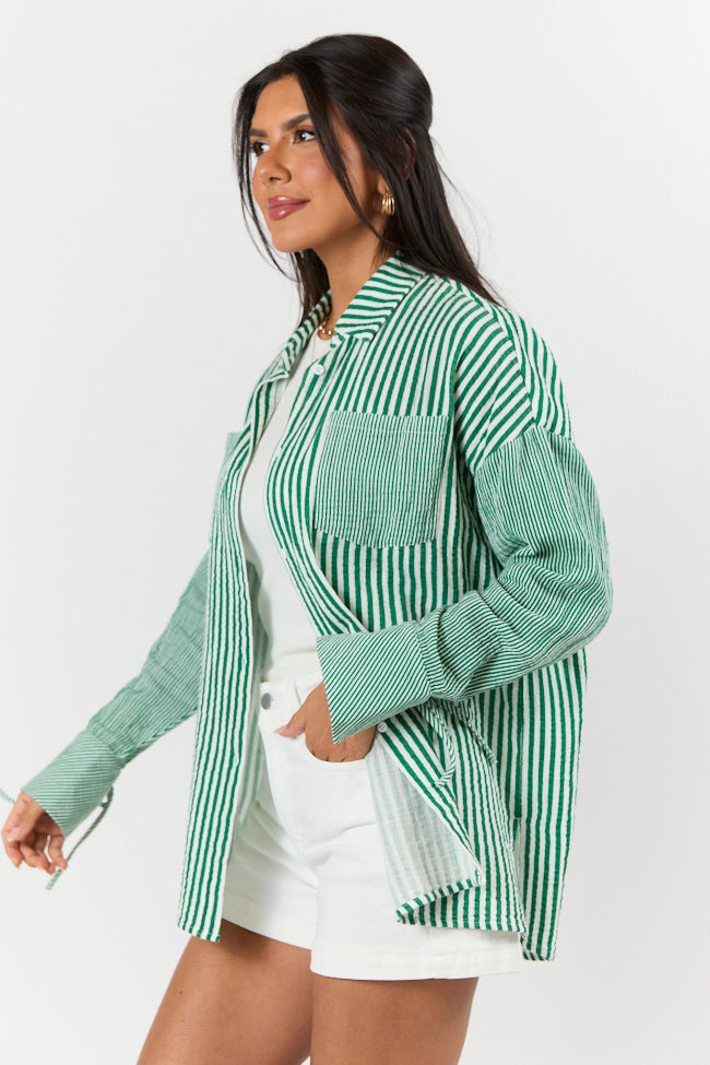 Daybreak Dreams Green Gauze Multi-Stripe Button Down Shirt for Women - Casual Boho Chic Blouse for Summer, Beach, and Outdoor Activities