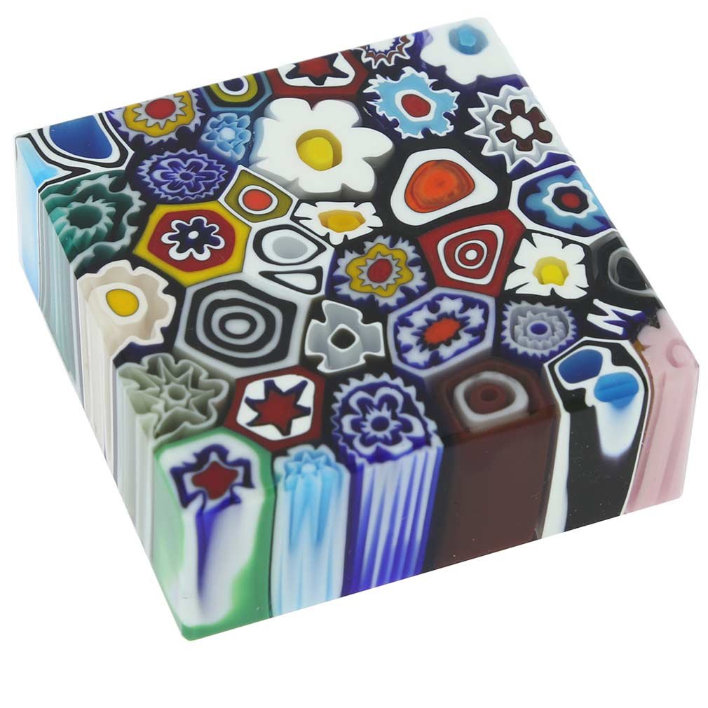 Authentic Murano Glass Millefiori Square Paperweight from Venice - Medium Size Handcrafted Italian Art Glass - Perfect for Office Desk Decor & Luxury Gift