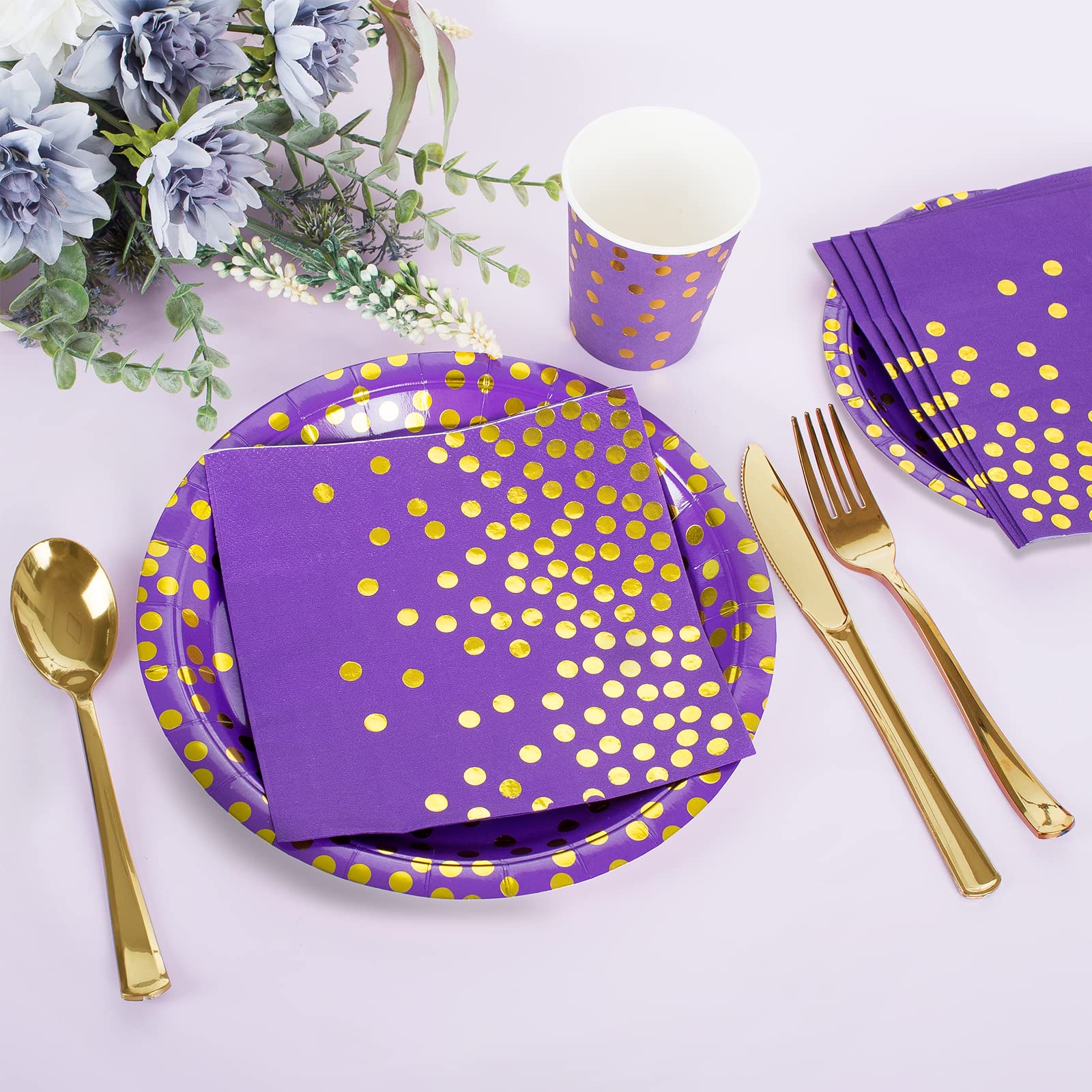 HOMIX 175-Piece Purple & Gold Disposable Party Supplies Set - Paper Plates, Napkins, Cups, Plastic Forks, Knives, Spoons for Mardi Gras, Birthday, Cocktail Party Decorations - Perfect for Festive Celebrations, Themed Events and Home Entertaining