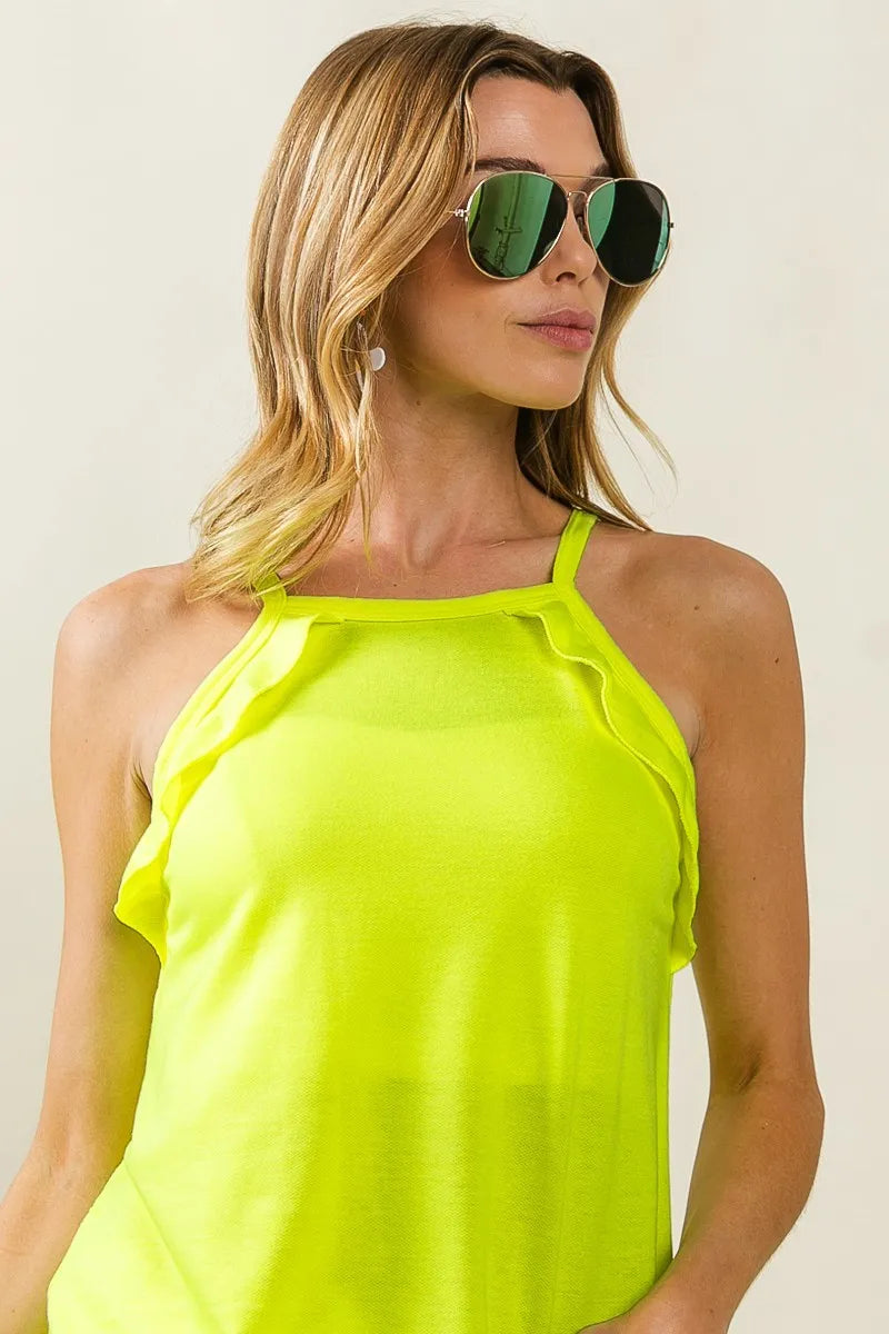 BiBi French Terry Knit Ruffled Detail Sleeveless Top for Women | Casual Summer T-Shirt | Perfect for Beach Outings, Weekend Brunch & Layering