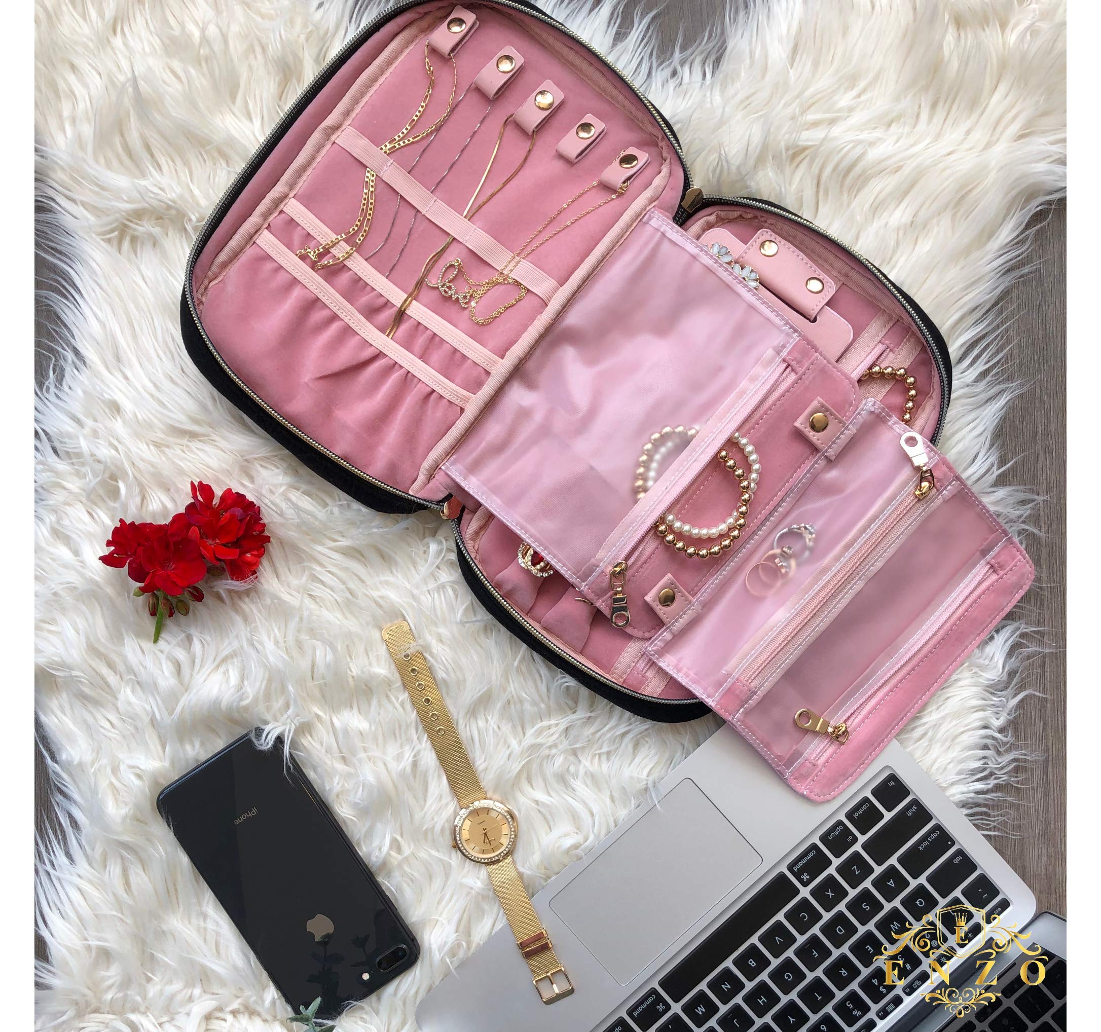 ENZO Travel Jewelry Storage Case - Portable Organizer Box for Necklaces, Earrings, Rings, Bracelets & Watches | Compact Accessories Holder for Women | Perfect for Travel, Home & Gift Giving (Black)