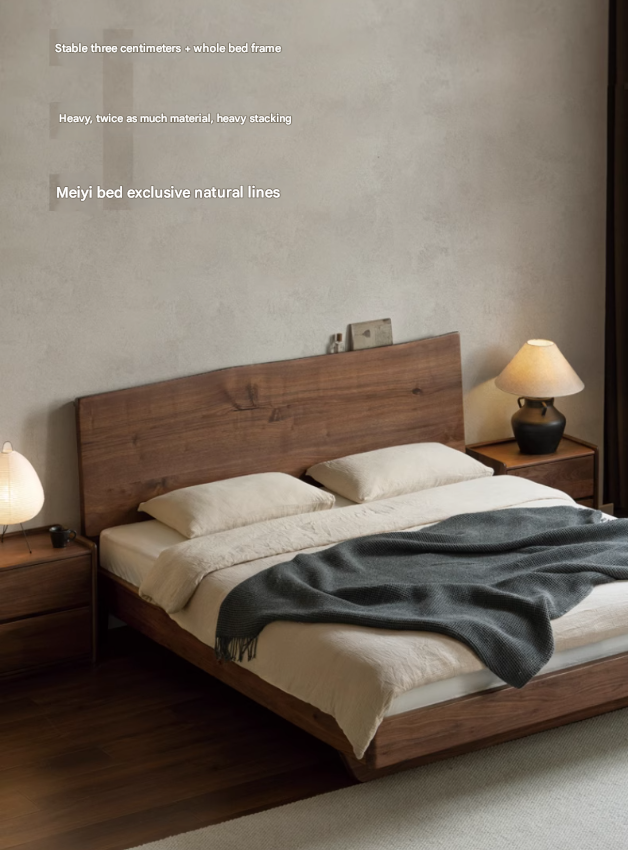 Black Walnut Solid Wood Bed Frame - Wabi Sabi Style Minimalist Bedroom Furniture for Zen & Japandi Home Decor