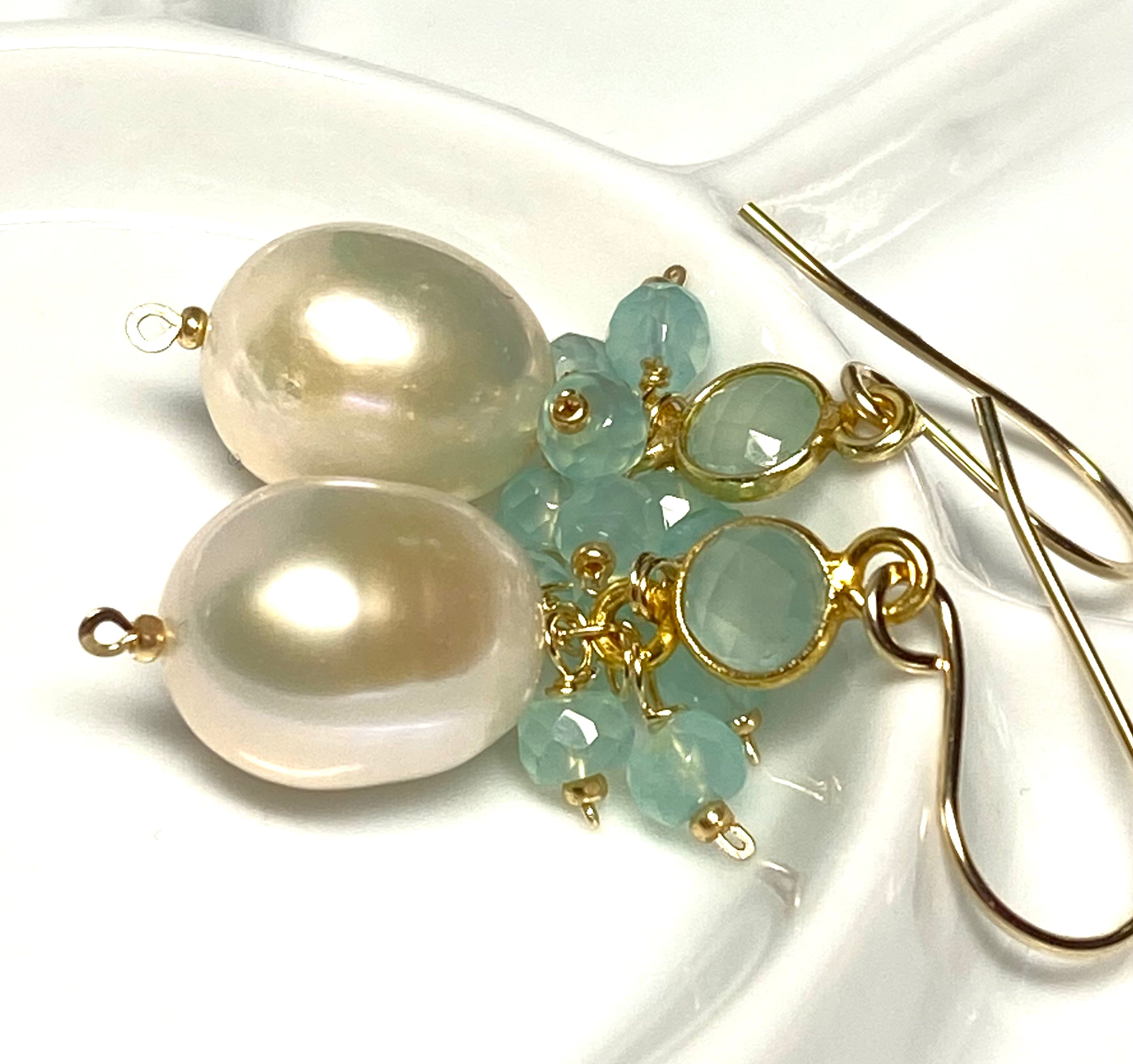 Elegant Pearl & Gemstone Cluster Dangle Earrings with Aqua Accents - Perfect for Weddings, Parties & Special Occasions