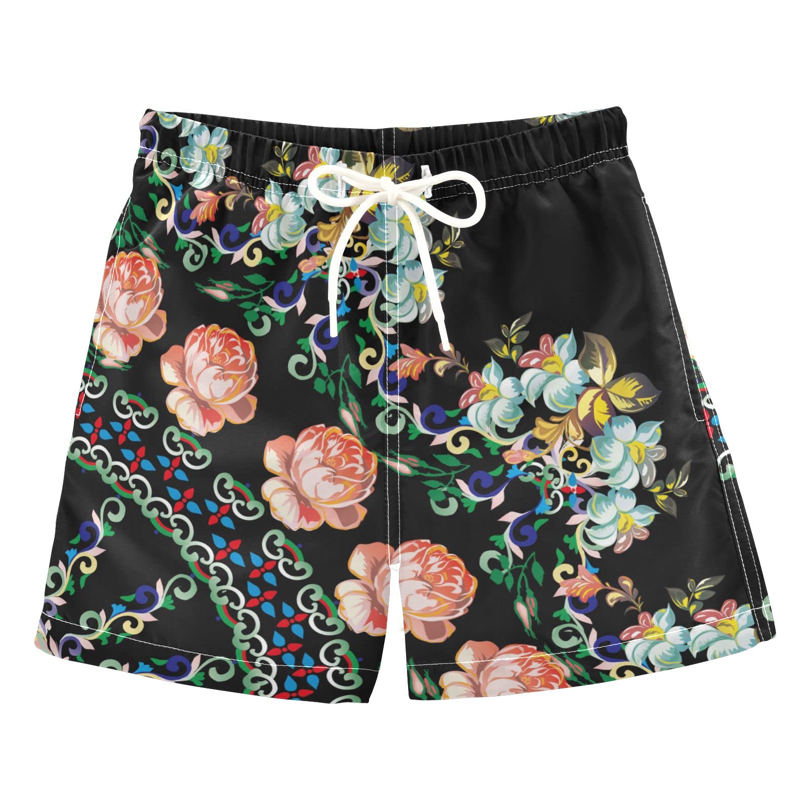 **Black Boys Swim Trunks with Pink Roses Print - Quick Dry Board Shorts for Beach, Surf & Swimming - Hawaii Vacation Essentials for Kids**    *(Perfect for beach trips, pool parties, summer vacations, and water sports!)*