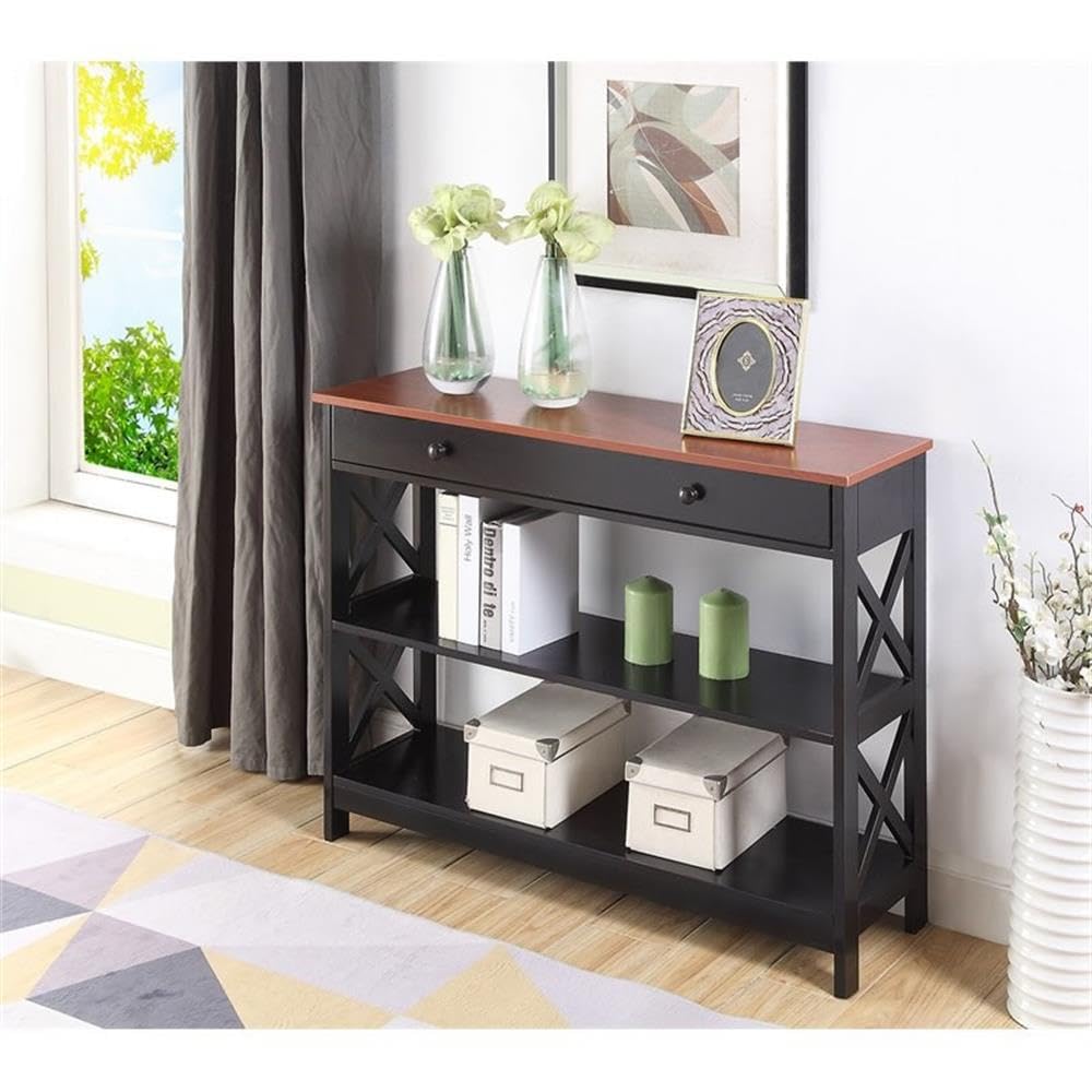 Pemberly Row Transitional One-Drawer Console Table - Cherry & Black Wood Entryway Table for Hallway, Living Room or Bedroom Decor