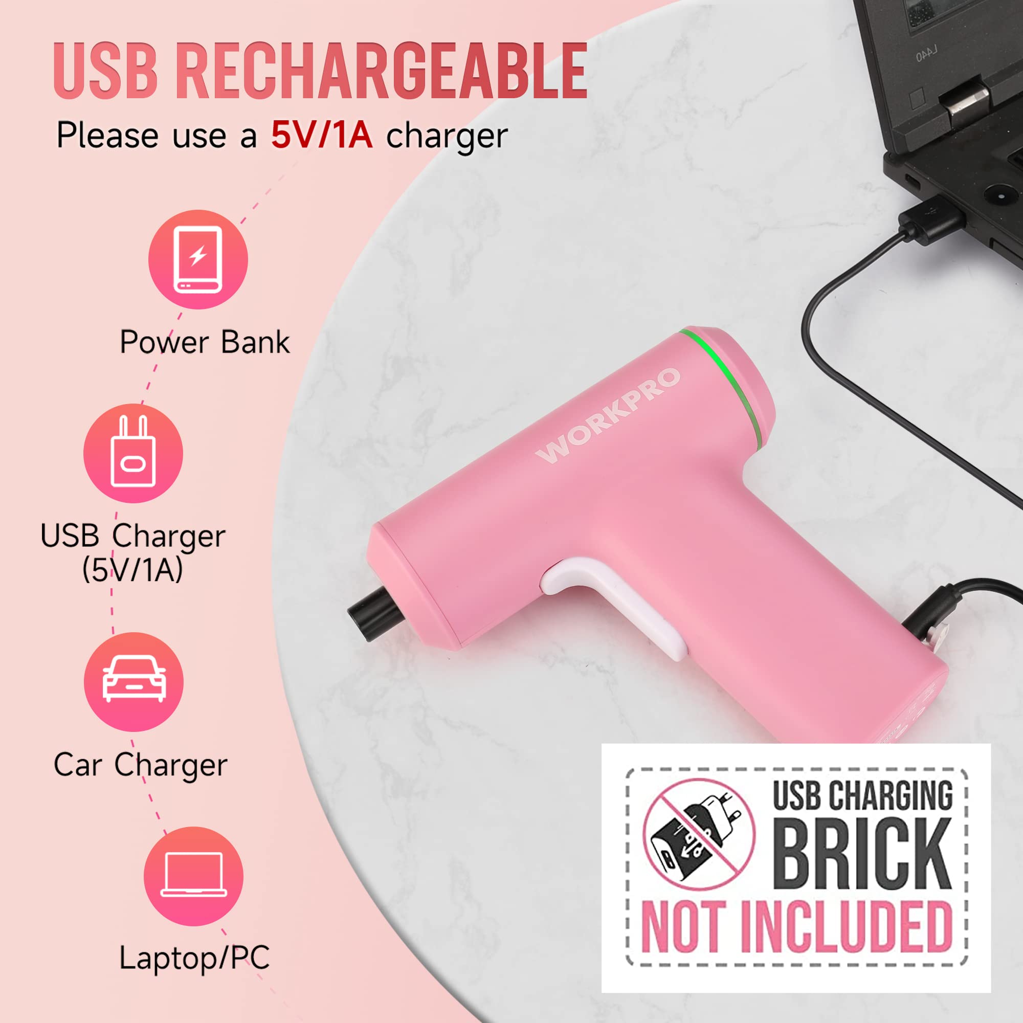 WORKPRO 4V USB Rechargeable Cordless Screwdriver Set with LED Light & 28 Accessories - Lithium-ion Battery Power Screw Gun for Home, Office, Apartment Repairs (Pink) | Perfect for DIY Projects, Furniture Assembly, and Electronics Repair