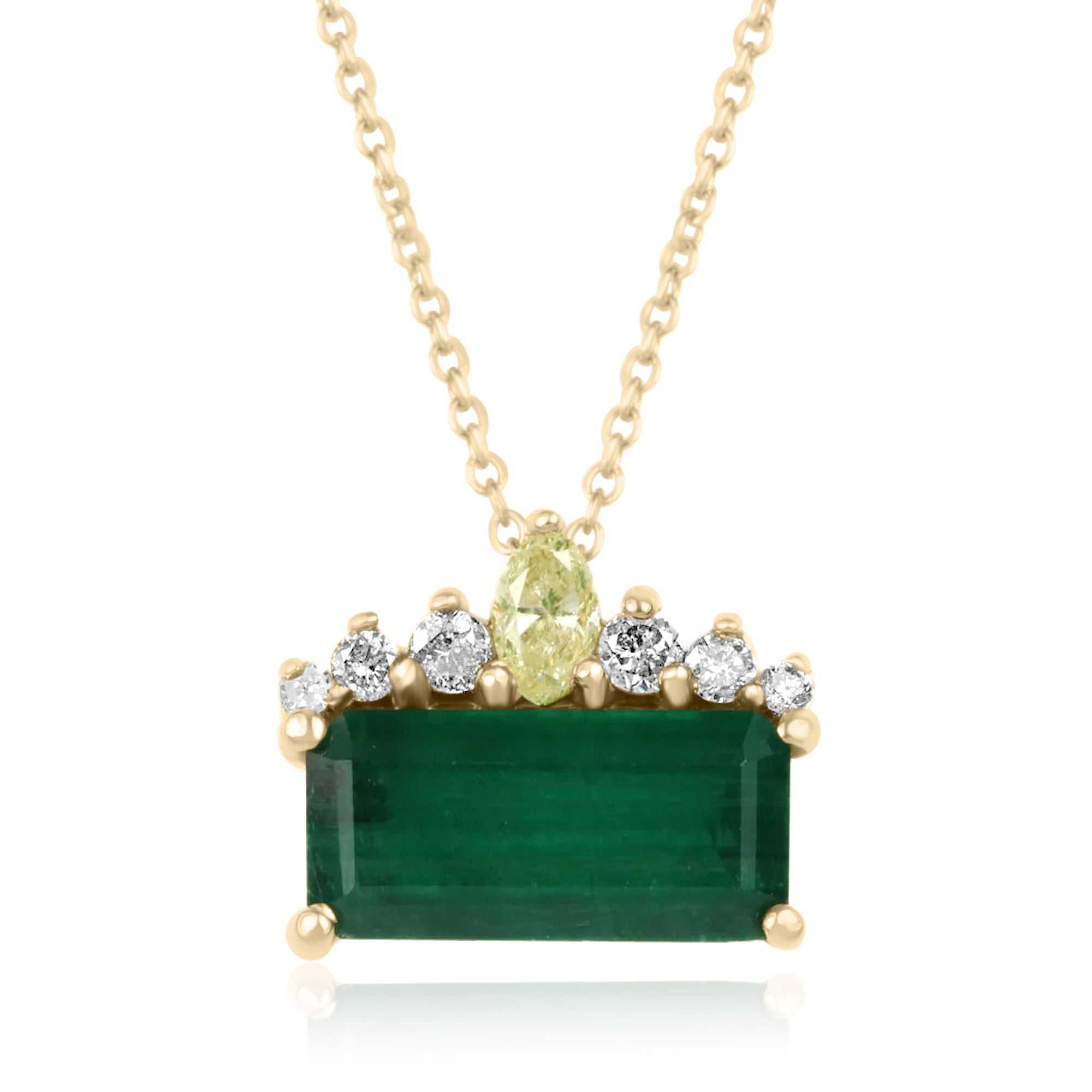 3.45 Carat East-West Dark Green Emerald and Diamond Tiara Necklace in 14K Gold - Elegant Bridal Jewelry for Weddings, Prom & Special Occasions