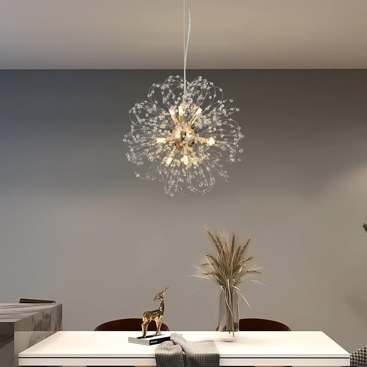 Modern Gold Sputnik Chandelier - 9-Light Dandelion Crystal Beaded Pendant Lighting Fixture for Dining Room, Bedroom, Living Room & Farmhouse Kitchen Island - Elegant Ceiling Lamp for Home Decor, Wedding & Restaurant Lighting