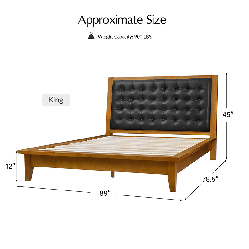 Genuine Leather & Solid Wood Platform Bed with USB Charging Ports - Modern King/Queen Size Bed Frame for Bedroom, Guest Room, or Dorm