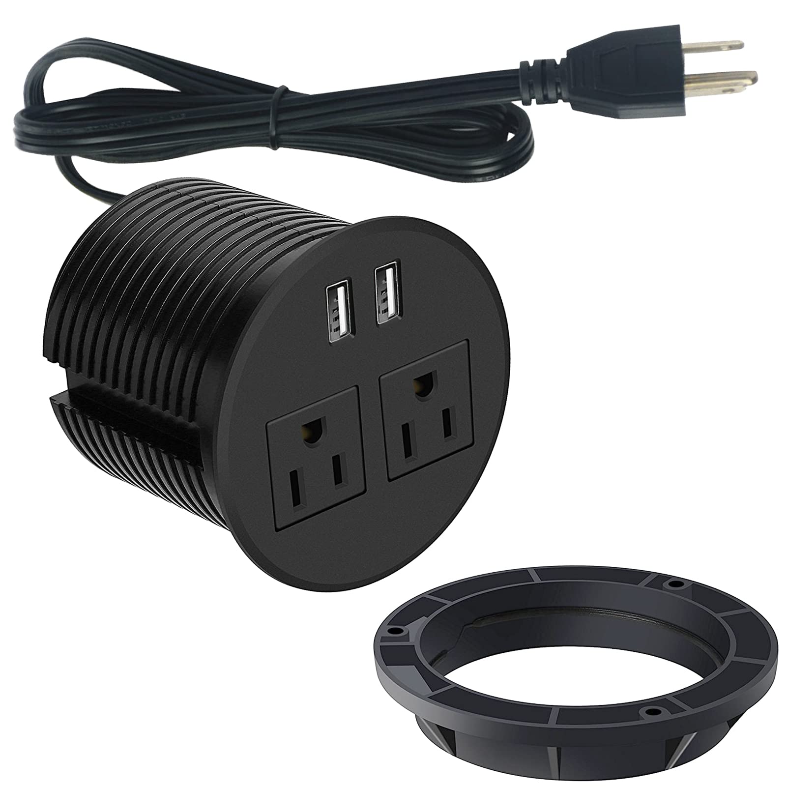Black Desk Power Grommet with 4 USB Ports & 3 AC Outlets - Recessed Power Strip for Home Office, Conference Room, Countertop, Sofa Cabinet - Cable Management Solution for Workstations & Entertainment Centers