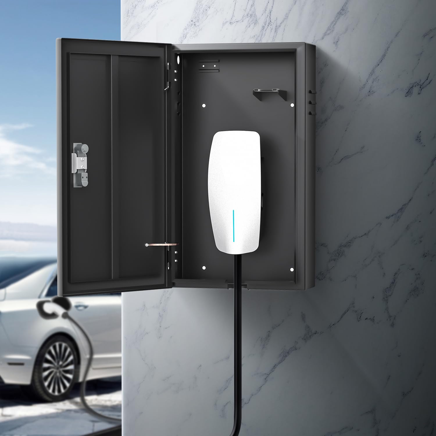 BMZX Tesla Charger Station Box - IP66 Waterproof & Dustproof Metal Enclosure for Tesla Gen 3 Wall Connector - Cable Organizer for Indoor & Outdoor Use - Perfect for Garage, Driveway and EV Charging Station Protection