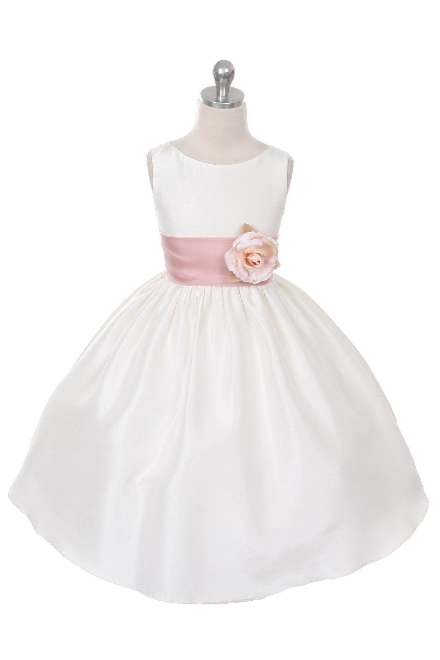 Ivory Classic Poly Silk Girls Dress with Organza Sash - Elegant Flower Girl Dress for Weddings, Parties & Special Occasions