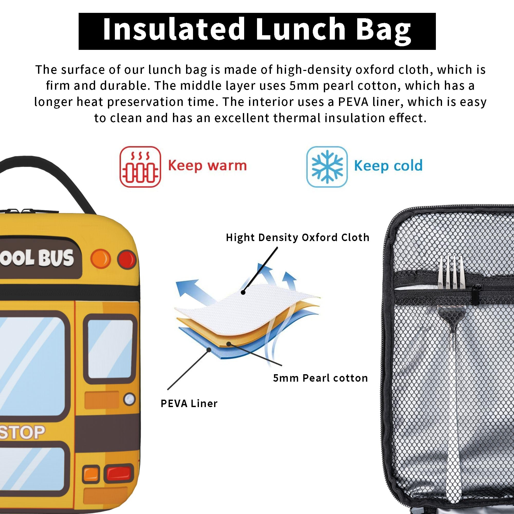 Insulated Reusable Kids Lunch Box for Boys & Girls - Leakproof High Capacity School Lunch Bag with Pockets, Thermal Cooler Sack for Picnic, Camping, Travel & Daily School Use (School Bus Design)