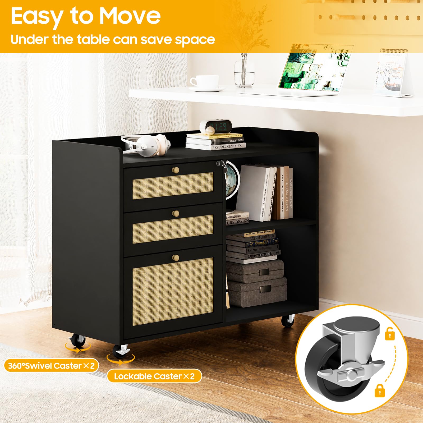 Rattan Lateral File Cabinet with 3 Drawers and Shelves - Large Storage Organizer for Home Office, Mobile Printer Stand with Lock - Fits Legal/Letter/A4 Size Documents - Perfect for Organizing Files, Office Supplies, and Workspace Essentials