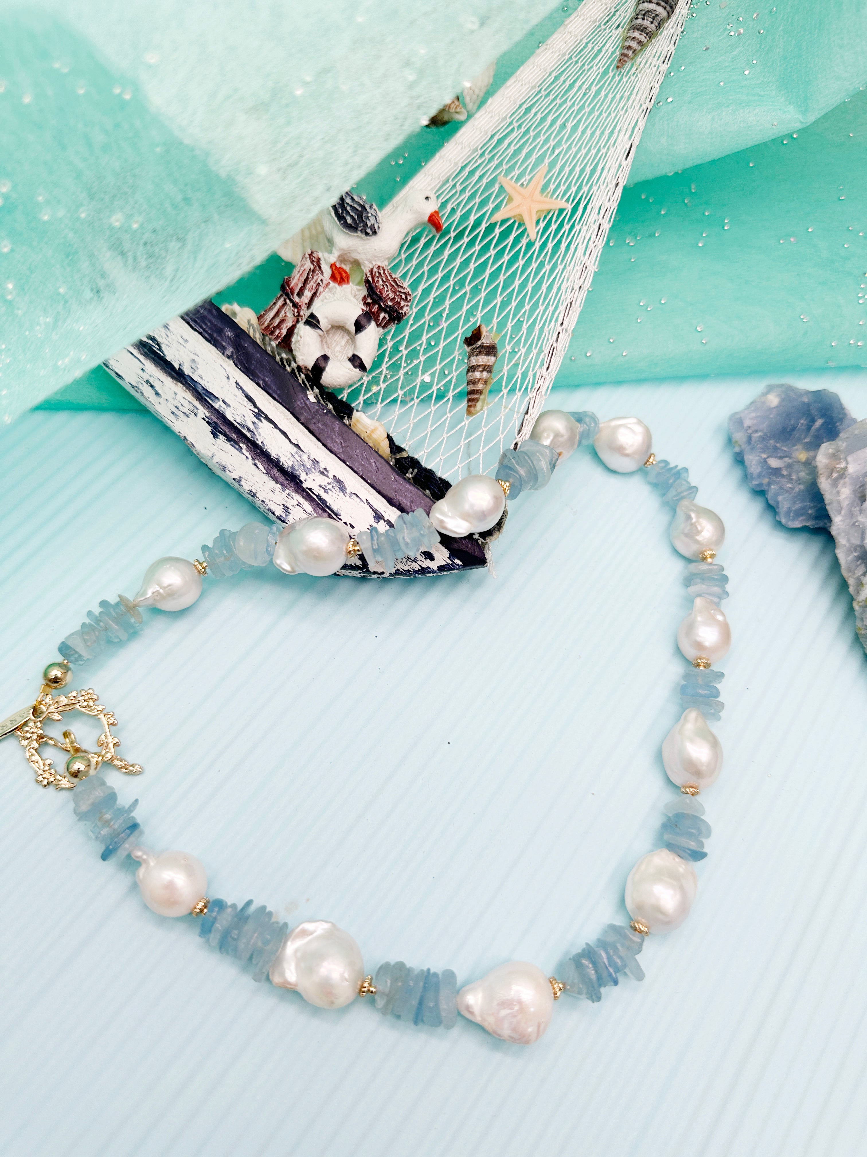 Baroque Pearls with Irregular Aquamarine Statement Necklace - Elegant Handmade Jewelry for Women | Perfect for Weddings, Parties & Special Occasions
