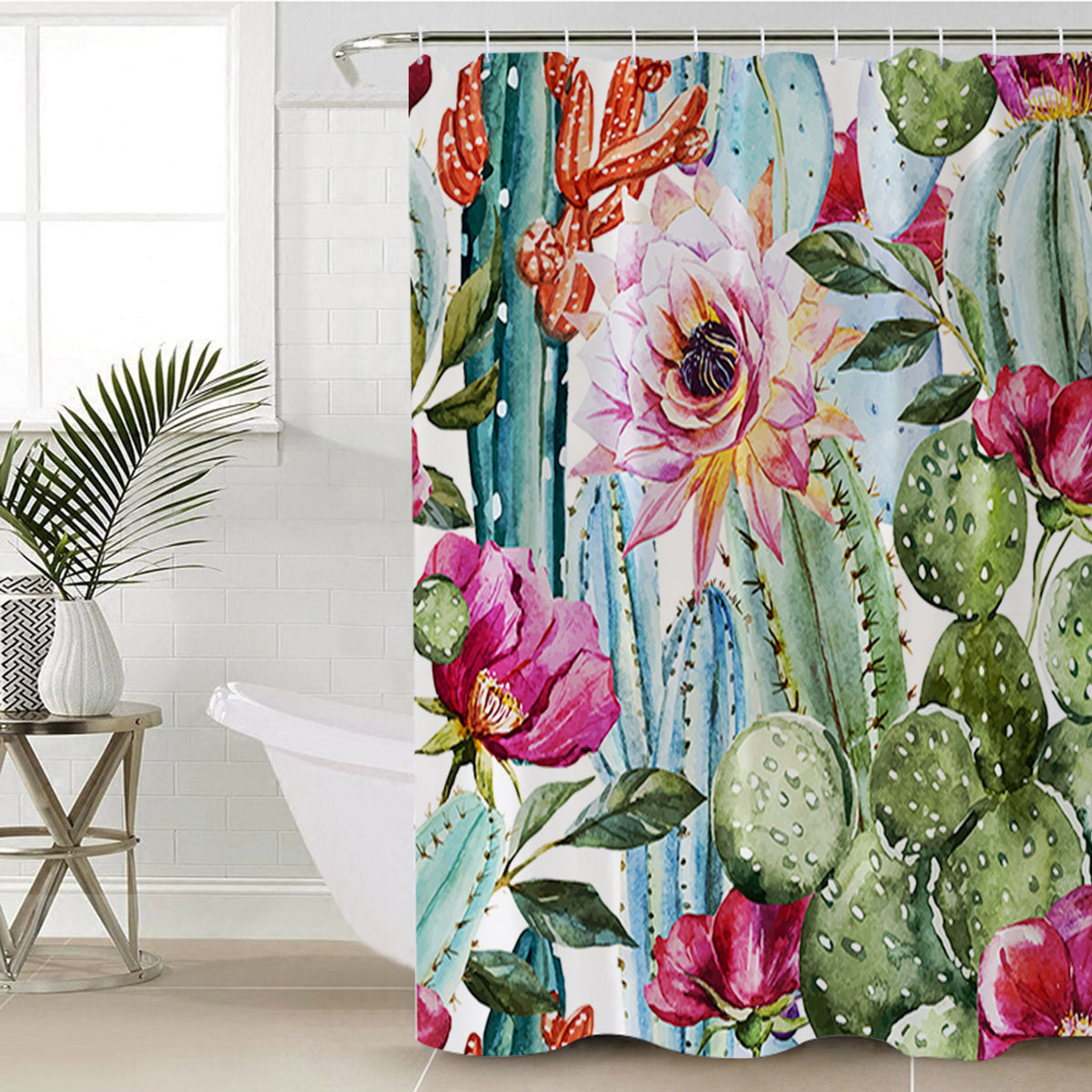 Vibrant Cactus Shower Curtain - Waterproof Bathroom Decor with Hooks, Perfect for Boho & Tropical Bathroom Themes