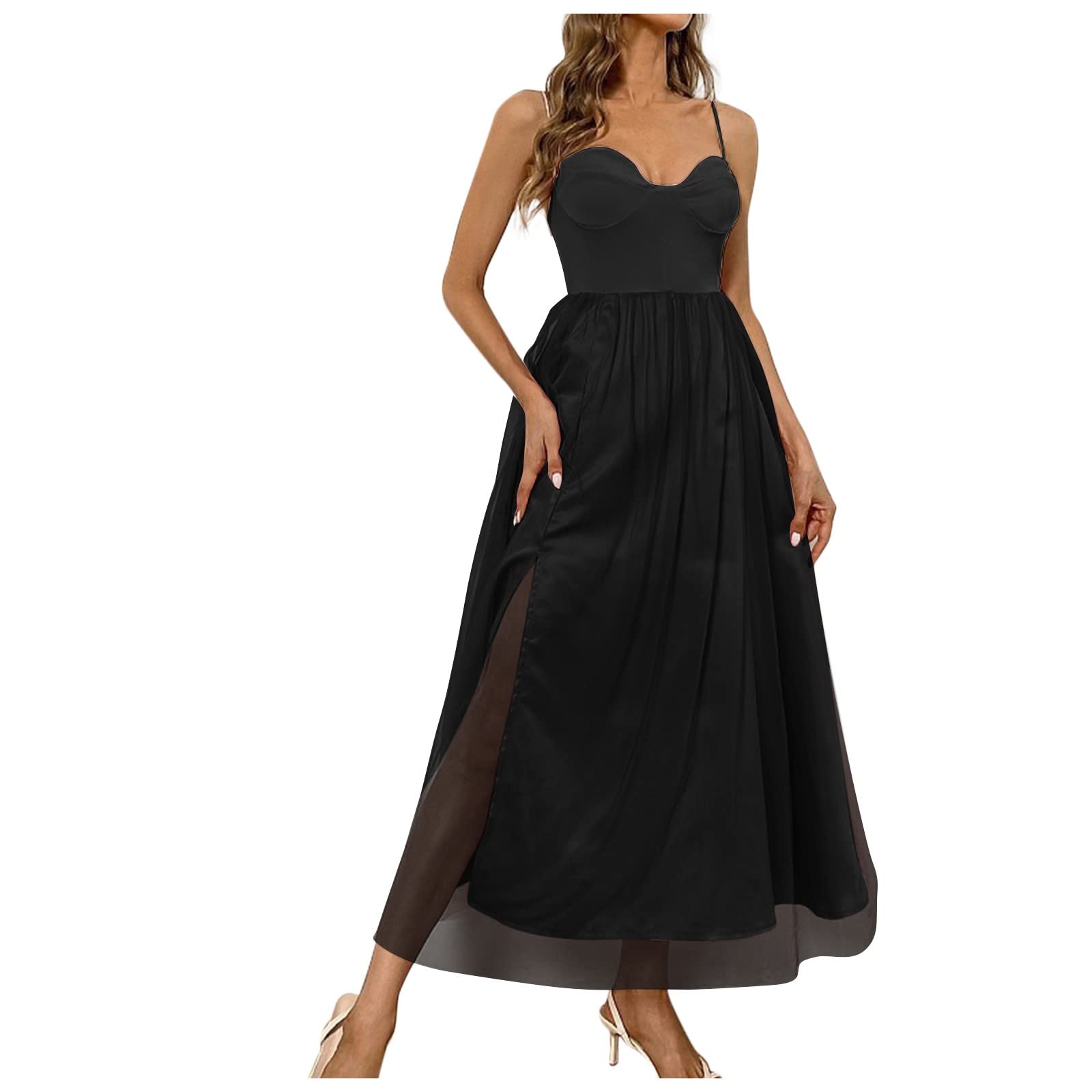 Women's Maxi Dress - Solid Color Mesh Halter Sheath Dress for Beach Vacation, Graduation & Wedding (S-XL) | Flowy Summer Dress for Tropical Getaway, Evening Party & Special Occasions