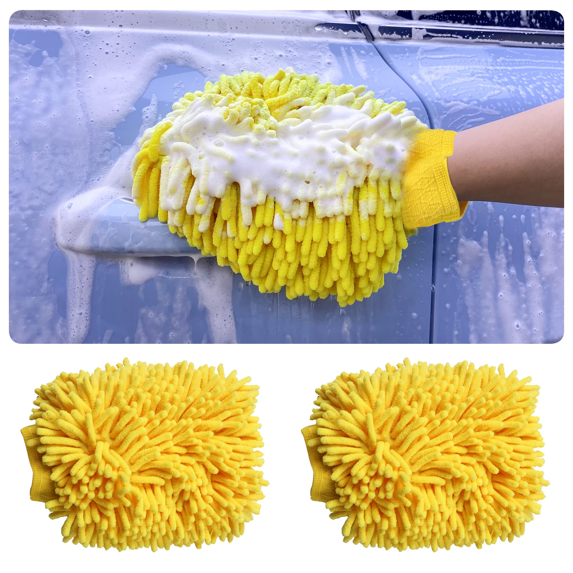 Junecarp 2 Pack Car Wash Mitt Gloves - Waterproof Winter Car Cleaning Sponge Kit for Cars, Trucks & Motorcycles (Yellow) | Premium Auto Detailing Accessories for Hand Washing & Waxing