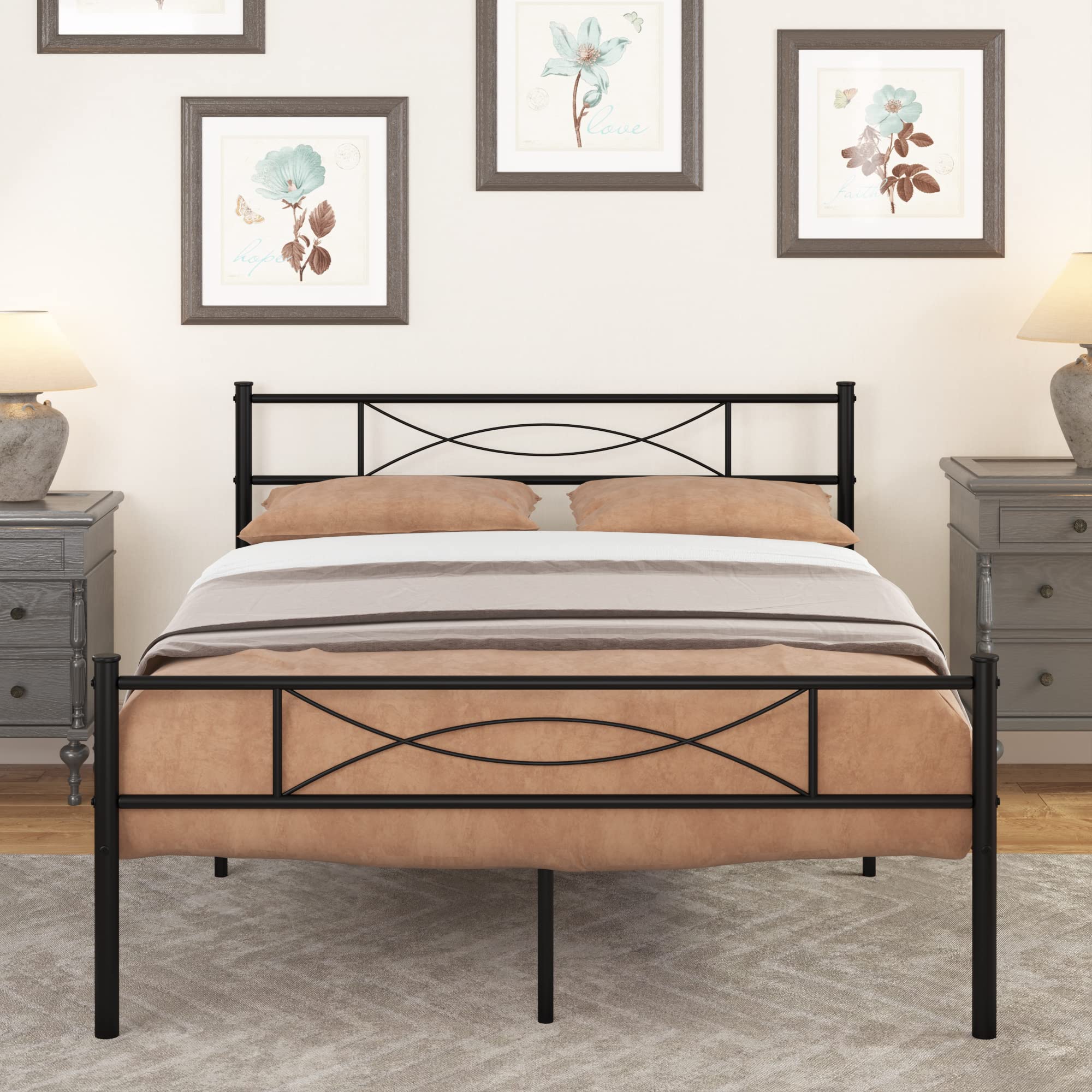 Weehom Full Size Metal Bed Frame with Vintage Headboard & Footboard - Sturdy Platform Bed in Black - Perfect for Bedroom, Guest Room & Dormitory Decor