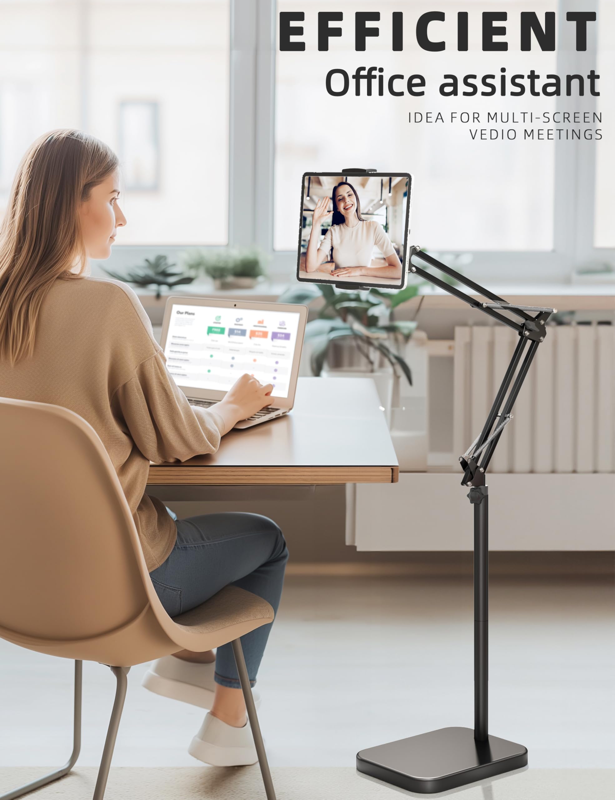 Adjustable Tablet Floor Stand with Heavy-Duty 11lb Base - Swivel & Height-Adjustable Arm Holder for iPad Pro/Air/Mini, Kindle, Galaxy Tab & Smartphones (4.7-13 inch) - Perfect for Home Office, Bedroom Reading & Hands-Free Video Calls
