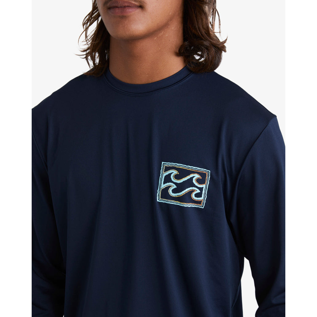 Billabong Men's Long Sleeve Rash Guard - Crayon Wave Loose Fit Surf Shirt for Sun Protection & Water Sports - Navy Blue - Perfect for Surfing, Swimming, and Beach Activities