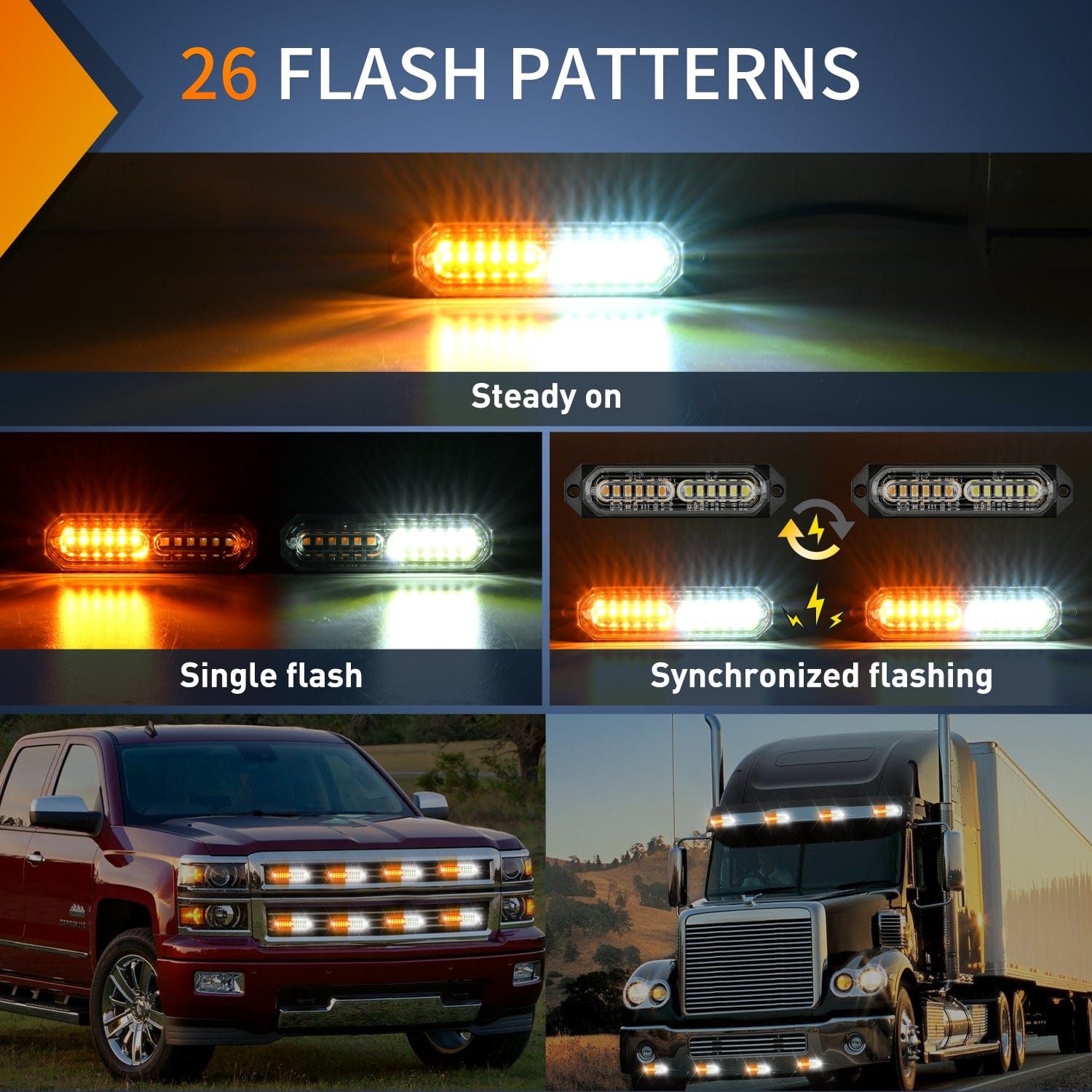 8PCS 12LED Amber White Emergency Strobe Lights - High Visibility Warning Lights for Trucks, Vehicles, Emergency & Safety Use