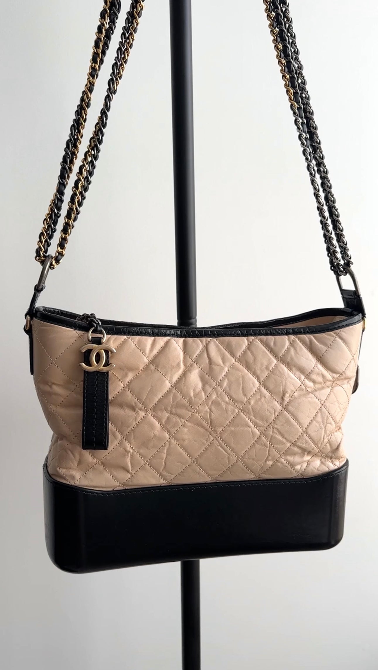Chanel Gabrielle Medium Beige & Black Quilted Leather Shoulder Bag with Chain Strap - Luxury Designer Handbag for Women, Perfect for Work, Evening Events & Everyday Use