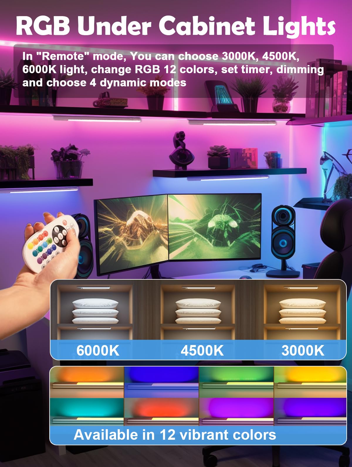 79-LED Under Cabinet Lighting Kit - RGB Rechargeable with 1500mAh Battery, Wireless Remote Control, 15 Color Options (3 Pack) - Perfect for Kitchen, Pantry, Bedroom, Closet & Counter Lighting