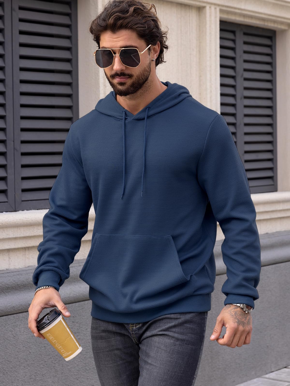 MANSDOUR Men's Casual Long Sleeve Waffle Knit Hoodie with Drawstring & Pocket - Warm Pullover Sweatshirt for Outdoor Activities, Streetwear & Lounge Wear