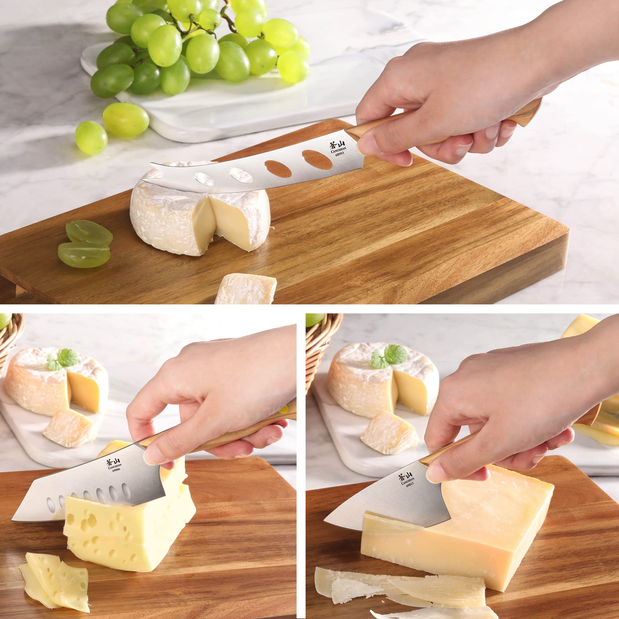 Cangshan 3-Piece Olive Wood Cheese Knife Set with Acacia Wood Cheese Board - Perfect for Wine Tasting, Charcuterie Boards & Entertaining Guests