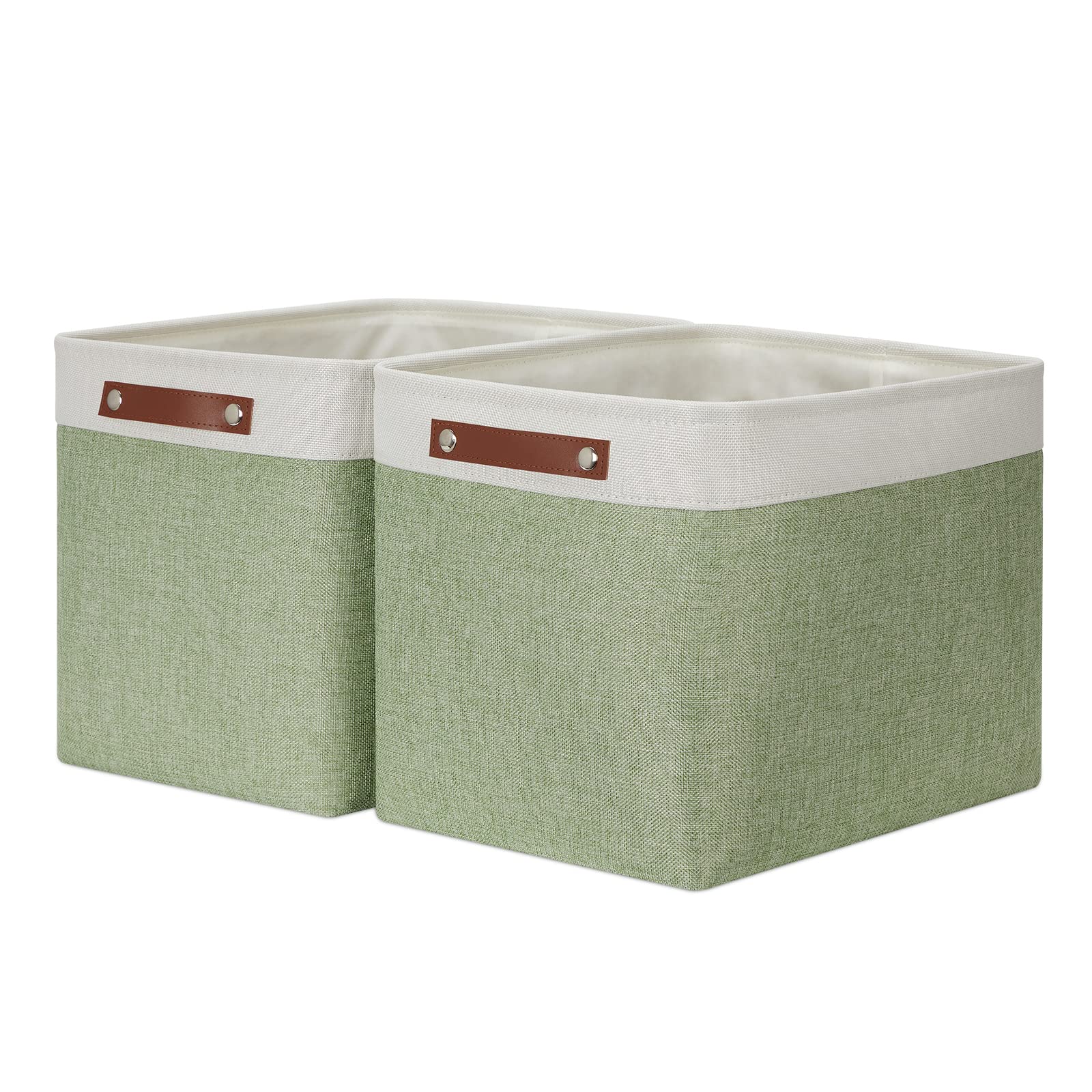 HNZIGE Large Fabric Storage Baskets with Leather Handles - 2 Pack Foldable Decorative Organizer Bins for Shelves, Toys, Closet & Home Organization (Green, 16